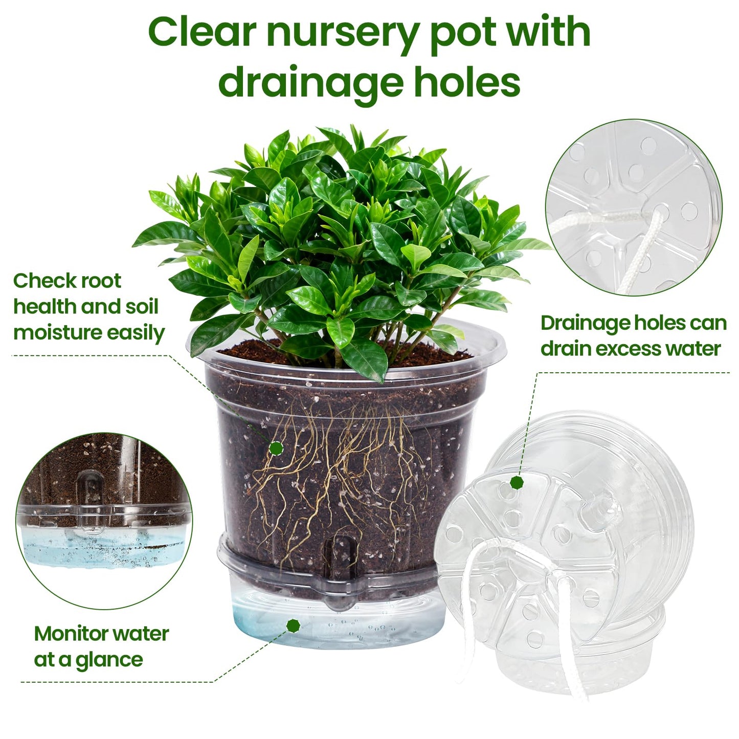 MIXC 18 Packs 6.5/5/4 Inch Self Watering Pots for Indoor Plants - Clear Nursery Plant Pots with Drainage, Deep Visible Reservoir - Flower Planter Outdoor with Wicking Rope