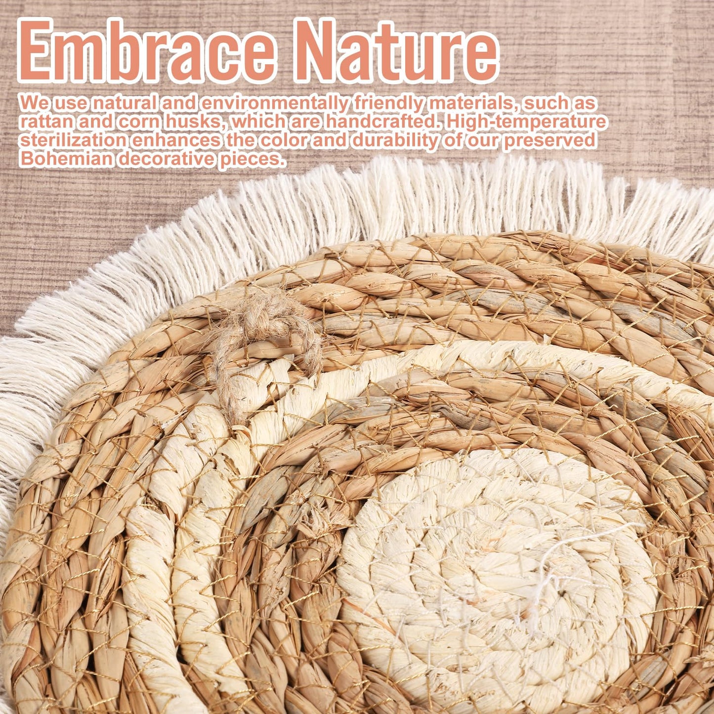 Oqqlin 7 Pcs Boho Wall Basket Decor, Handmade Seagrass Rattan Wicker Wall Decor Flat Round Rustic Woven Hanging Art for Bedroom, Kitchen, Living Room, Office Decorations