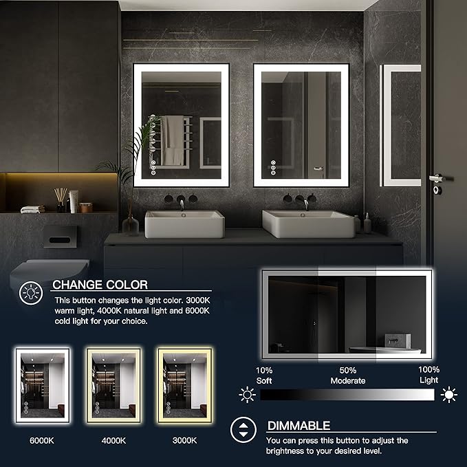 ISKM Framed LED Mirror for Bathroom 40"x38", Dimmable LED Bathroom Mirror with Lights, Anti-Fog, Front and Backlit Lighted Mirror 3-Colors, Shatterproof, Memory Function