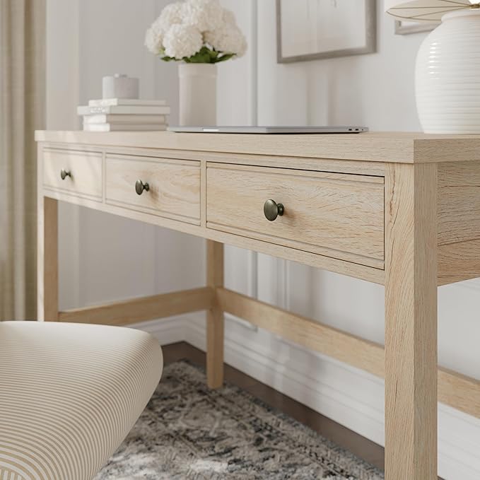 Martha Stewart Rhett Home Office Desk with 3 Drawers and Tapered Legs in Light Natural with Antique Bronze Hardware