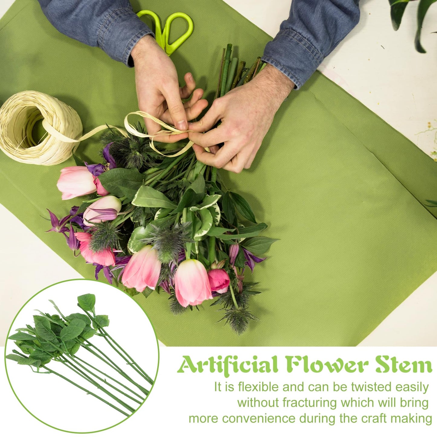 Tolare 100 Pcs Rose Stems with Leaves, Fake Flower Stems Artificial Plastic Floral Wire DIY Craft Supplies for Bouquet Making Wedding Party Home Decor Arrangement Tools