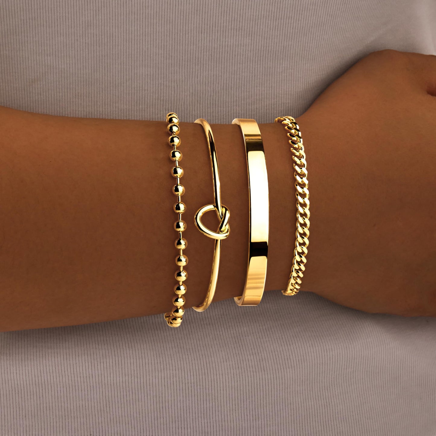 Gold Stack Bracelet for Women, 14k Gold Filled Bangle Cuff Bracelet Stack Dainty Jewelry for Women, Stretch Beaded, Love Knot Cuff, Cuban Chain