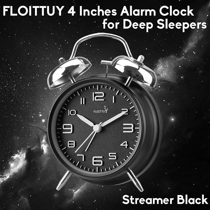 FLOITTUY (Loud Alarm for Deep Sleepers 4'' Twin Bell Alarm Clock, Stereo Digital Dial Alarm Clock with Backlight for Bedroom and Home Decoration(Streamer Black)