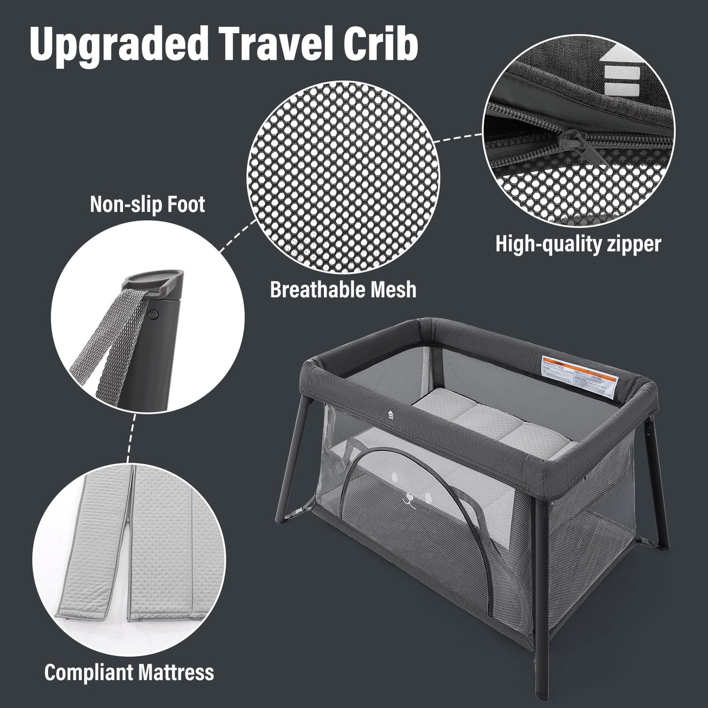 Sporary Travel Crib, Portable Crib for Baby, Pack and Play for Babies and Toddler, Lightweight Backpack Design,Foldable Travel Baby Playpen with Mattress(Dark Grey)