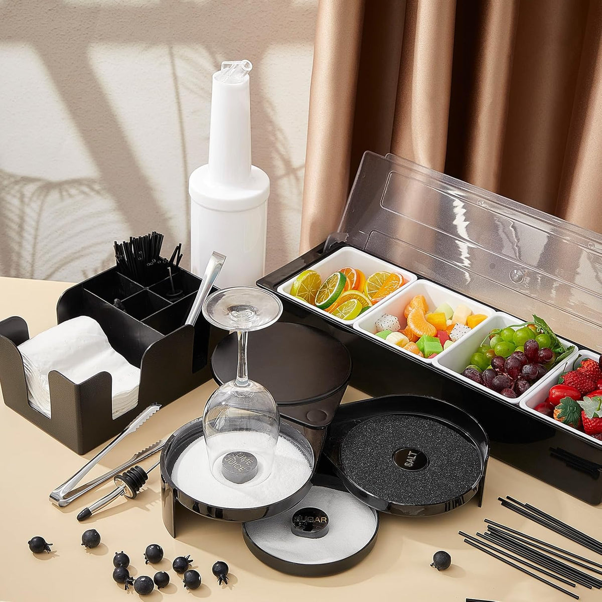Mifoci Garnish Tray with Lid Bar Caddy 3 Tier Glass Rimmer 12 Stainless Steel Bottle Pourers 2 Plastic Juice Pour Bottles 1000 Count Cocktail Straws 3 Serving Tongs(4 Compartments,Plastic)