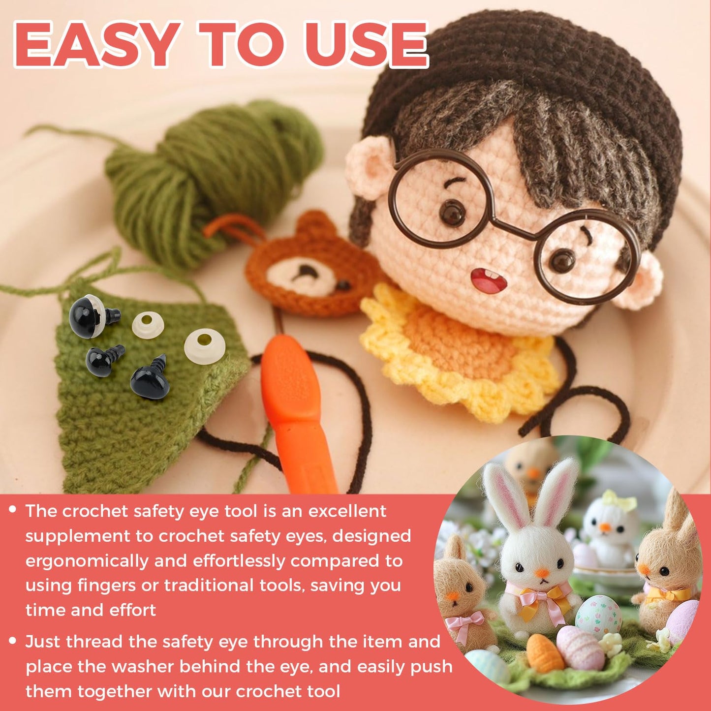 Safety Eye Tool Set with 10–30mm Sizer, Ergonomic Non-Slip Handle, 1150pcs Safety Eyes and Noses Kit for Crochet Amigurumi Dolls and Stuffed Animals, Includes Measuring Ruler and Installing Tool