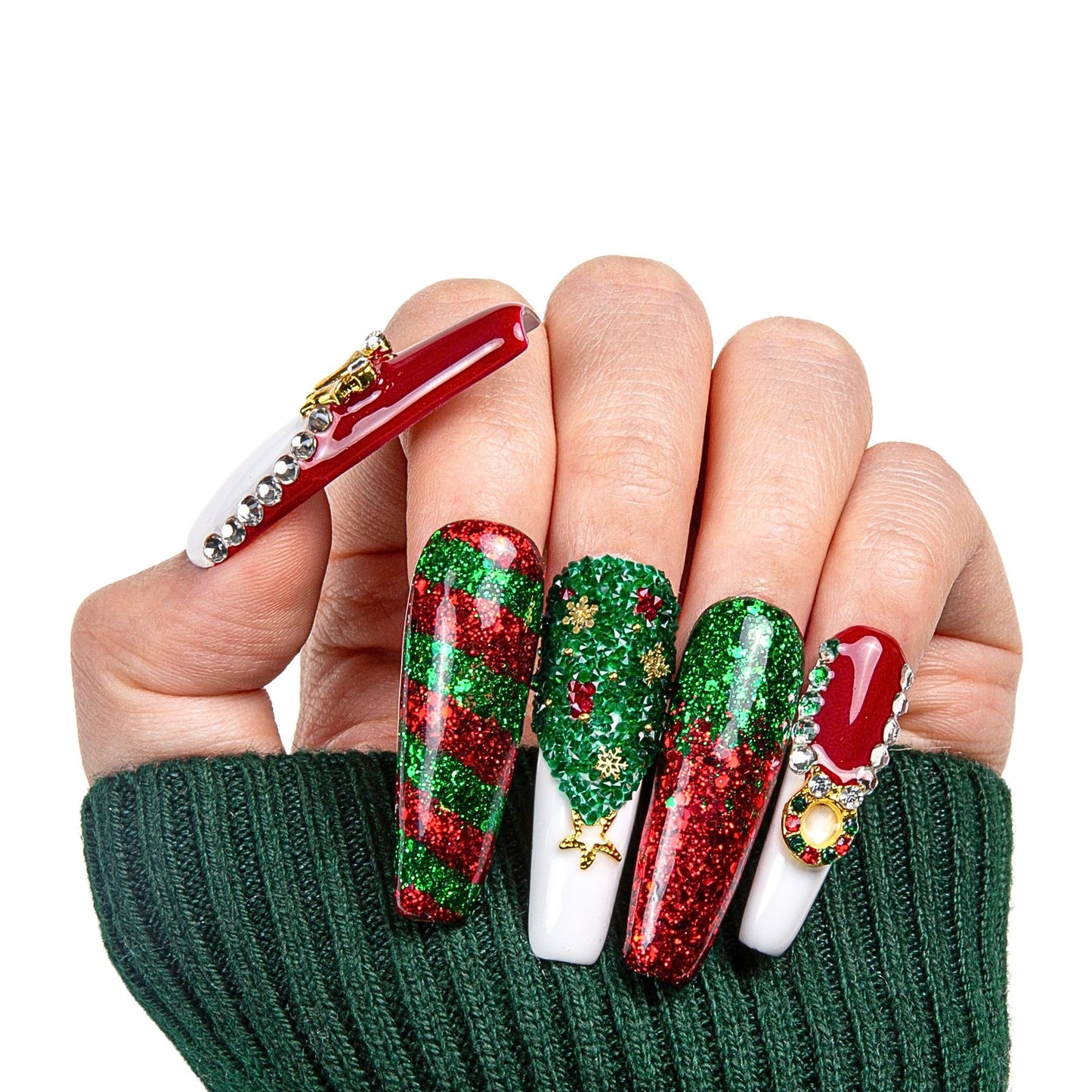 LOVFUL Press on Nails Merry Christmas| Handmade with Full Covered Crystals | Reusable Fake Nails | Coffin Mid Length 1.7 in | H78-L