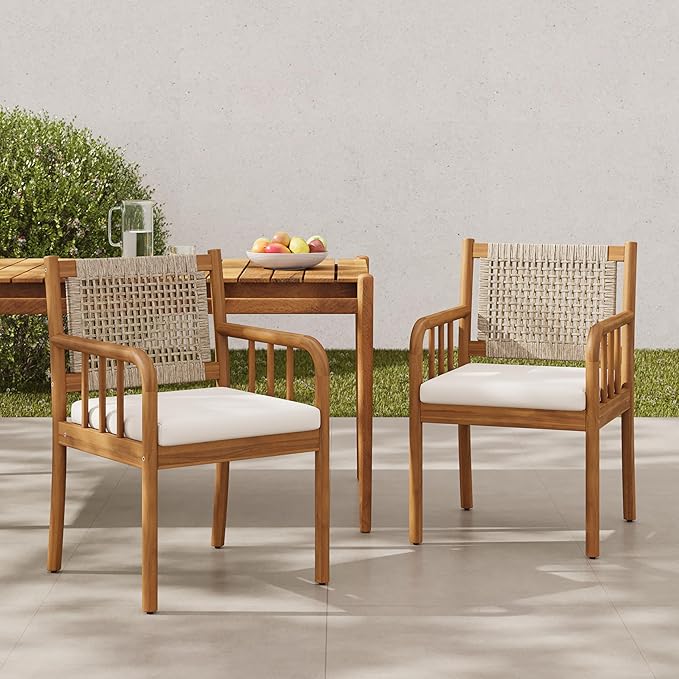 Christopher Knight Home Vera Outdoor Dining Chairs Set of 2, Acacia Wood Dining Chairs, Rattan Woven Back Armchair, Armchair with Cushion Seat, Patio Chair for Poolside Garden Balcony, Teak+Cream