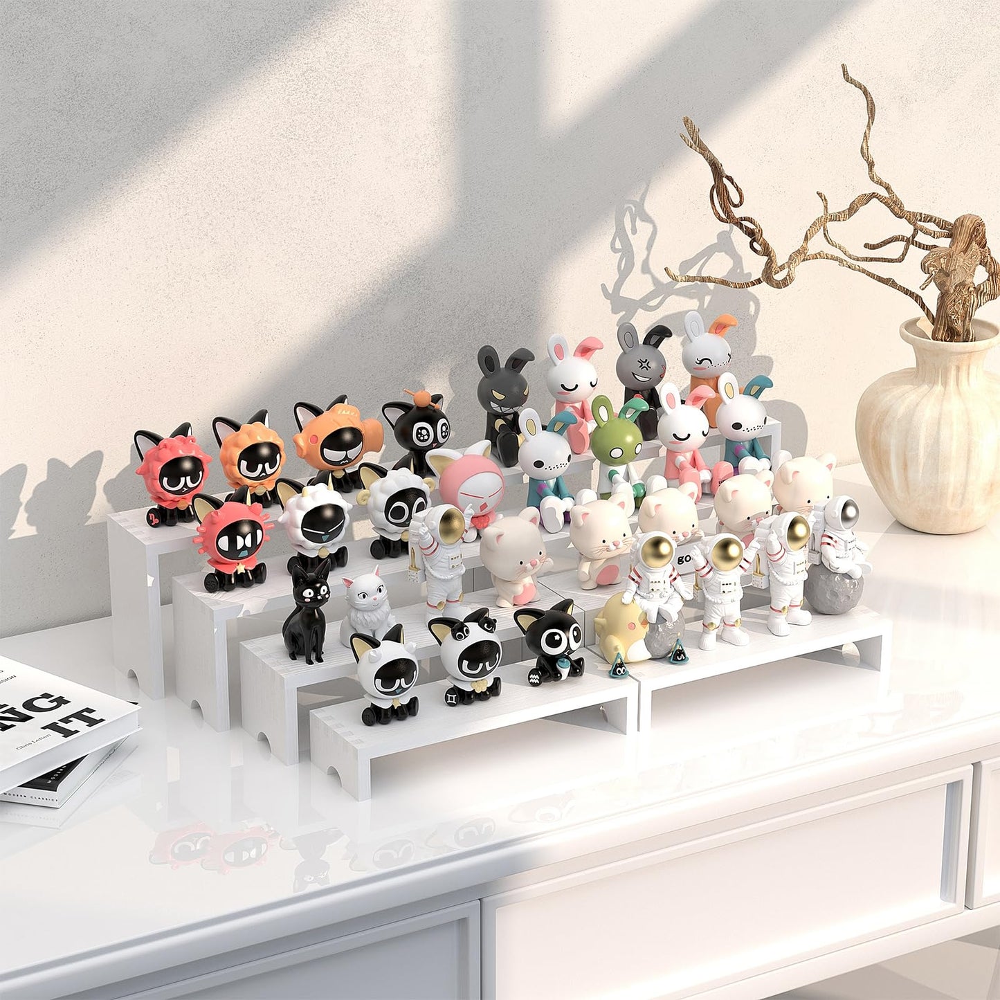 2 Set Large White Wooden Tiered Riser Display Stands for Vendor Events,Stackable Wooden Cupcake Stand,Farmhouse Decor Wood Dessert Table Display Set,Vendor Booth Display Items,Food Display Risers for Party（12-11.2-10.4-9.6IN）