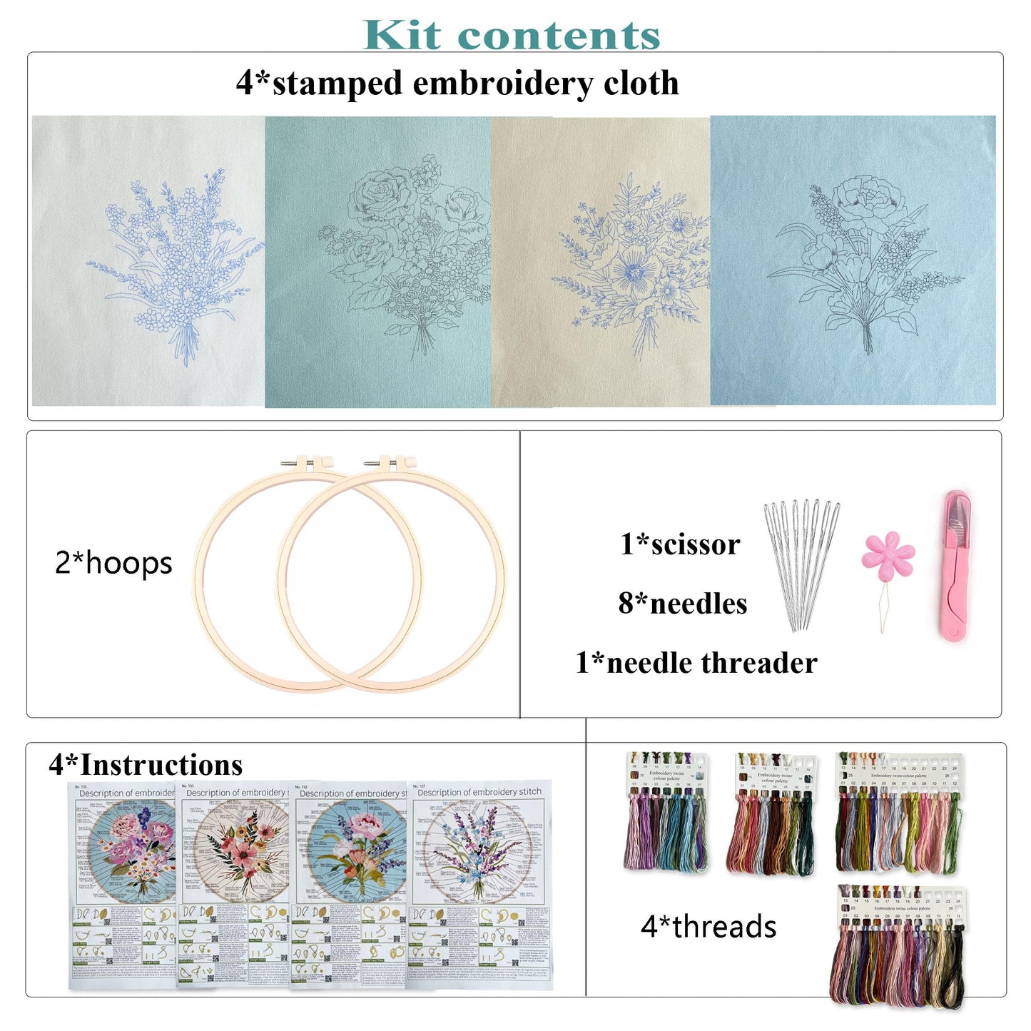 Myfelicity Embroidery Kit, 4 Flower Pattern Embroidery Set with 4 Patterns and 2 Hoops, Adult and Beginner Needlepoint Kit with Embroidery Floss, Needles, Cotton Fabric and Instructions…