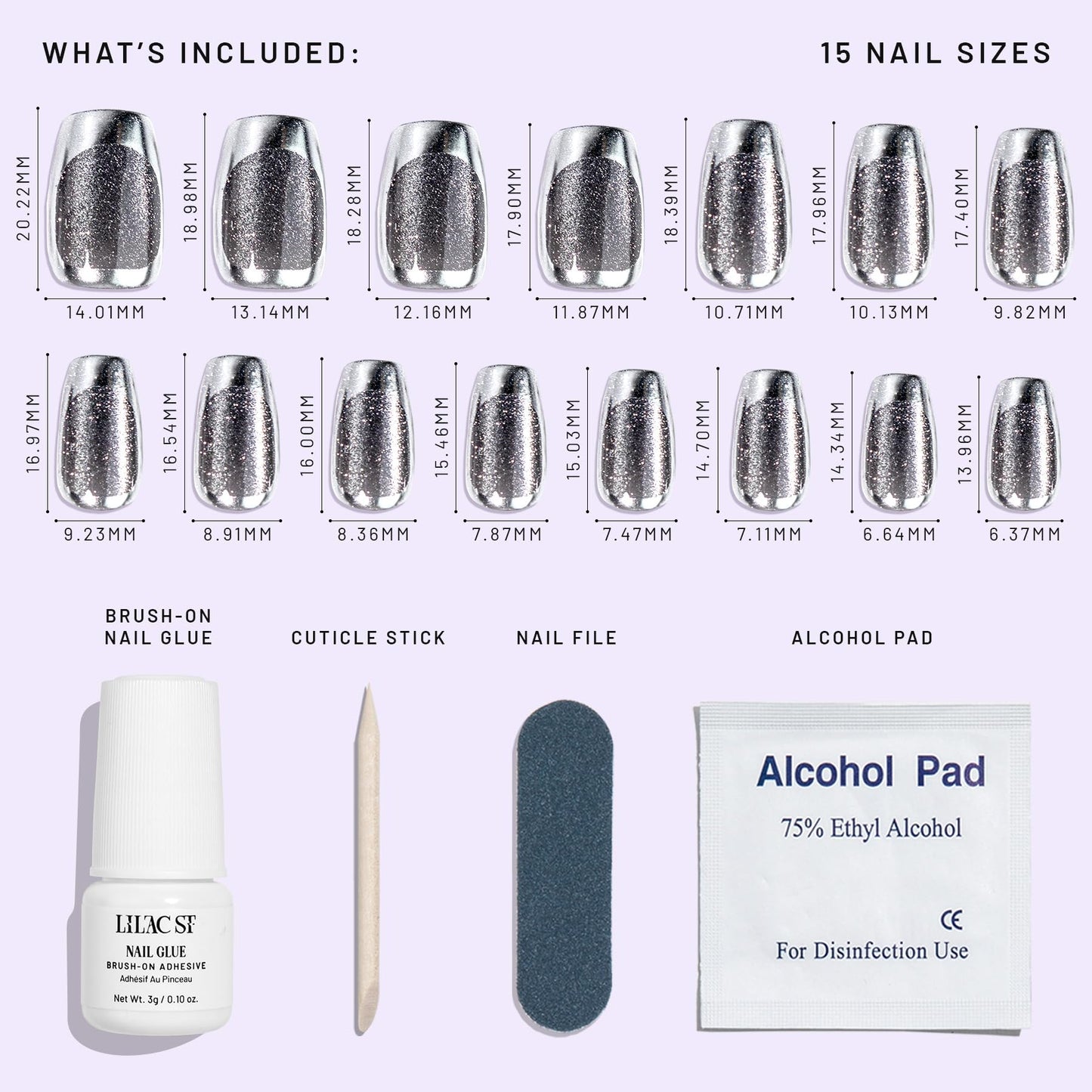 Lilac St - Press on Nails, Silver Lining (30 Nails, 15 Sizes) - Medium, Coffin, Glossy, Opaque - Brush On Nail Glue, Nail File, Cuticle Stick, Prep Pad - Cruelty Free, Vegan, Women Founded