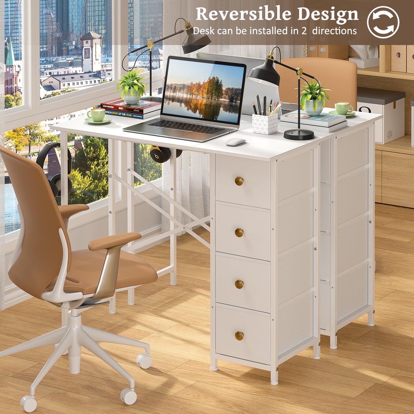 Small White Desk with Drawers for Bedroom, 35.4 Inch Kids Girls Teens Student Writing Desk with Storage, Reversible Study Table, White Computer Desk for Home Office, Makeup Vanity Desk for Small Space
