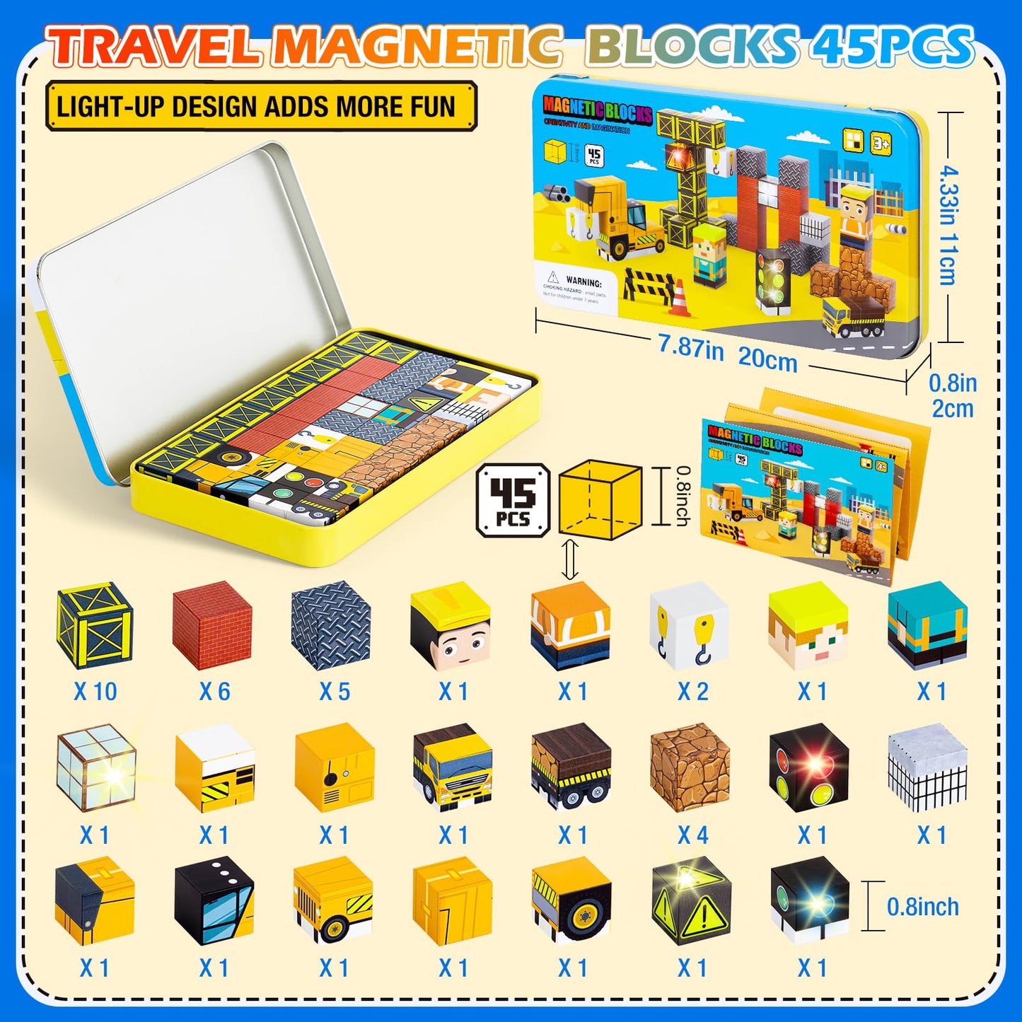 Tyholoo 45PCS Magnetic Blocks Travel Toys for Kids with Portable Iron Box, Mini Magnetic Cubes Outdoor Toys for Airplane & Car Ride STEM Learning Gift Idea for Ages 3+ Gift（ Construction Theme）