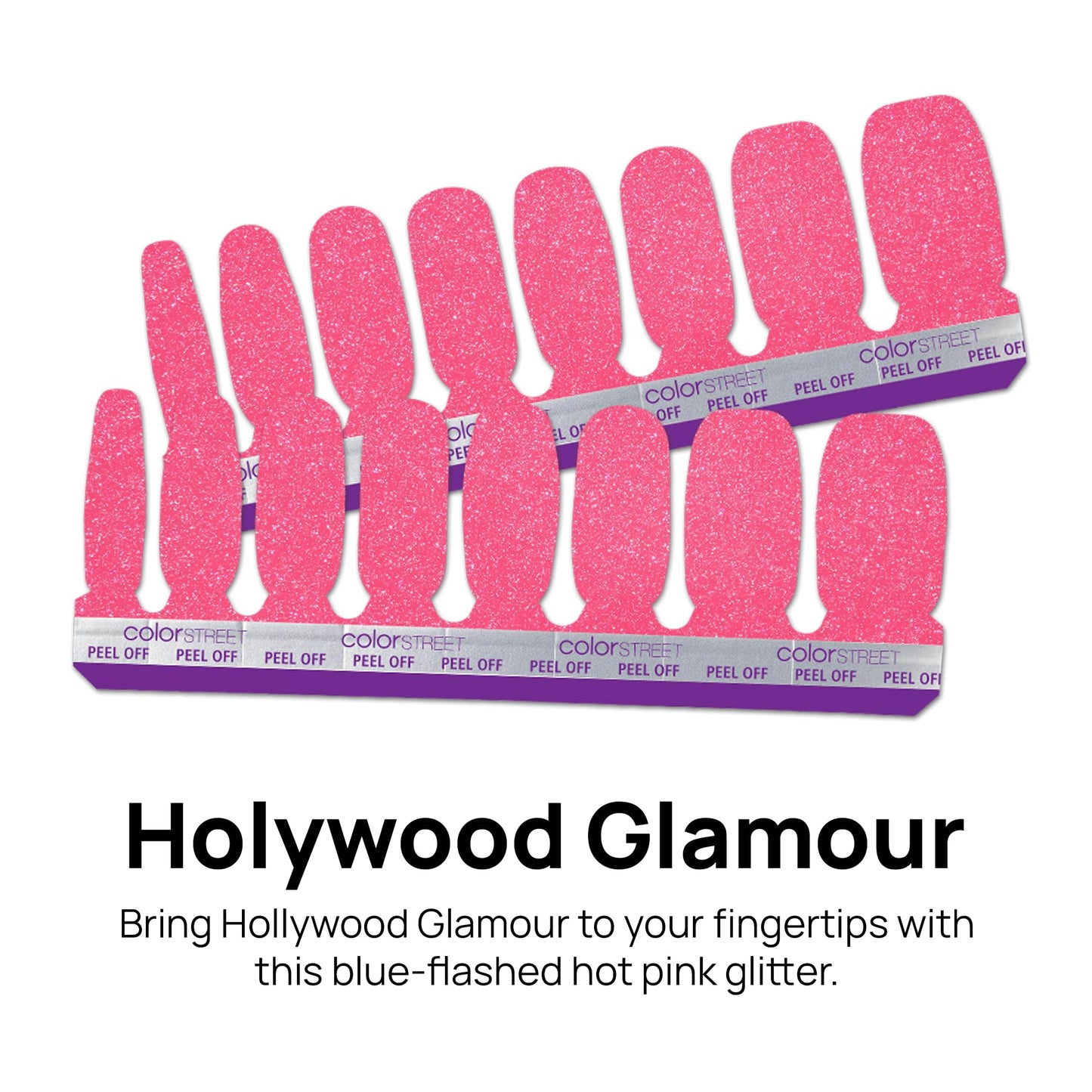 Color Street - Hollywood Glamour - Hot Pink Glitter Nails with Blue Flash, Real Nail Polish Strips, Sparkle Manicure Style - 16 Double-Ended Strips