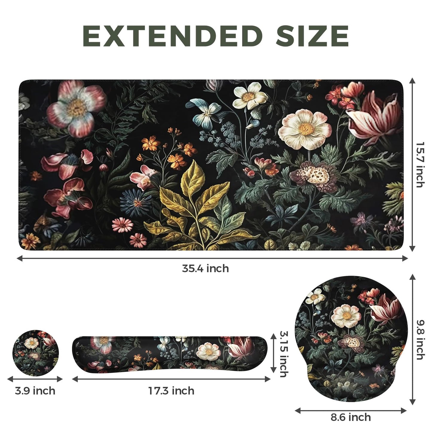 iCasso Desk Cover Mat, 4in1 Floral Large Mouse Pad with Wrist Rest, Desk Matt for Desktop, Anti-Slip XXL Big Computer Ergonomic Mousepad with Wrist Support for Keyboard and Mouse (Elegant Flowers)