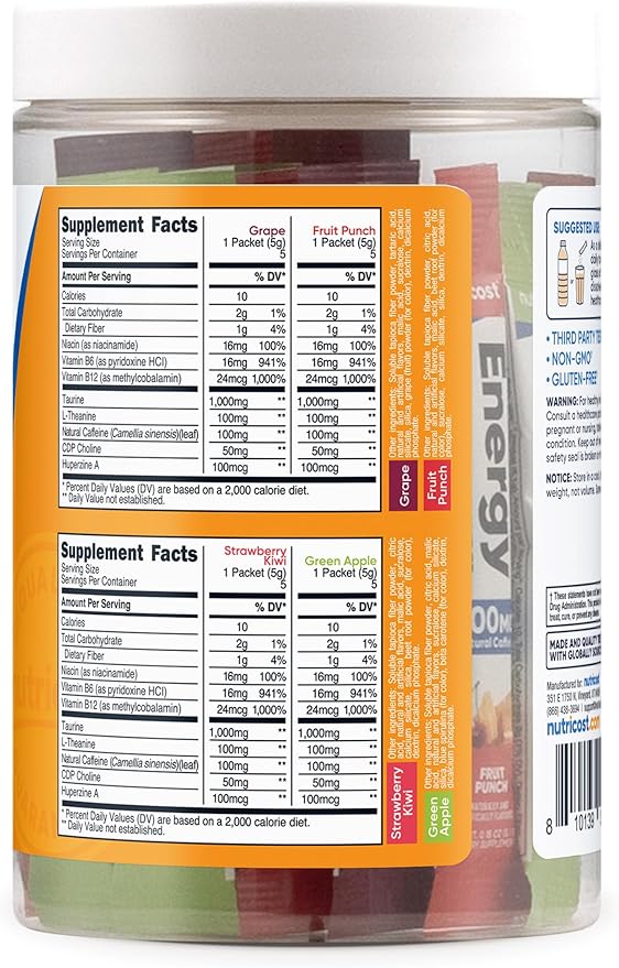 Nutricost Energy Complex Stickpacks (20 Servings) Flavor Variety Pack - Gluten-Free + Non-GMO