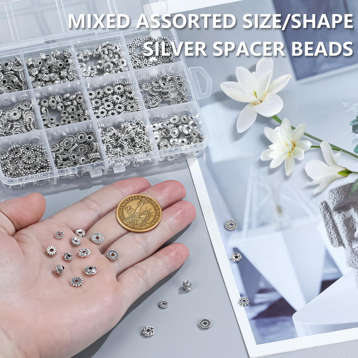 600pcs Silver Spacer Beads for Jewelry Making- 5-8mm Metal Beads Spacer with Storage Box for Bracelets, Necklaces & DIY Crafts