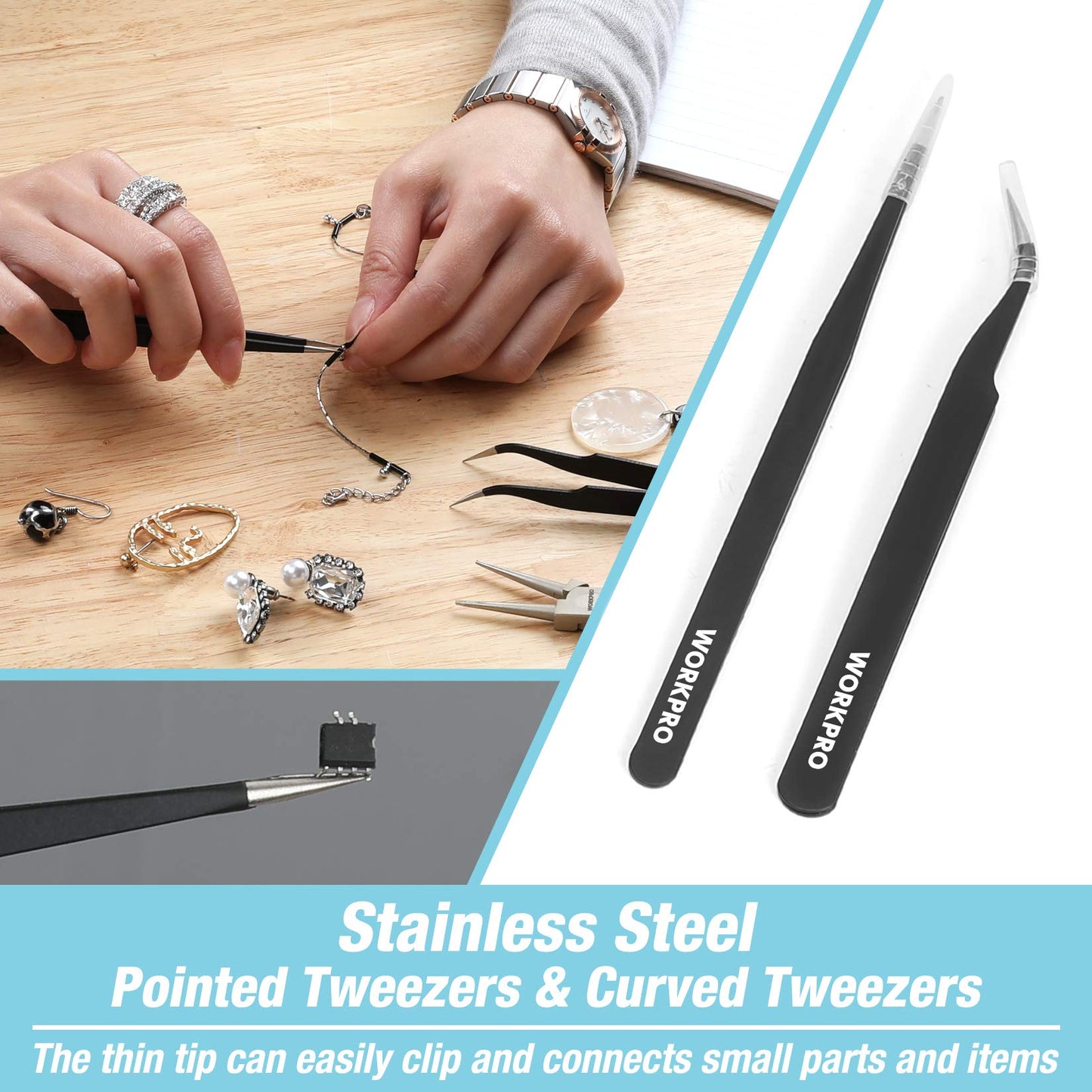 WORKPRO 5-Piece Jewelry Pliers Kit - Round Nose, Chain Nose, Wire Cutters, Pointed & Curved Tweezers, Case Included
