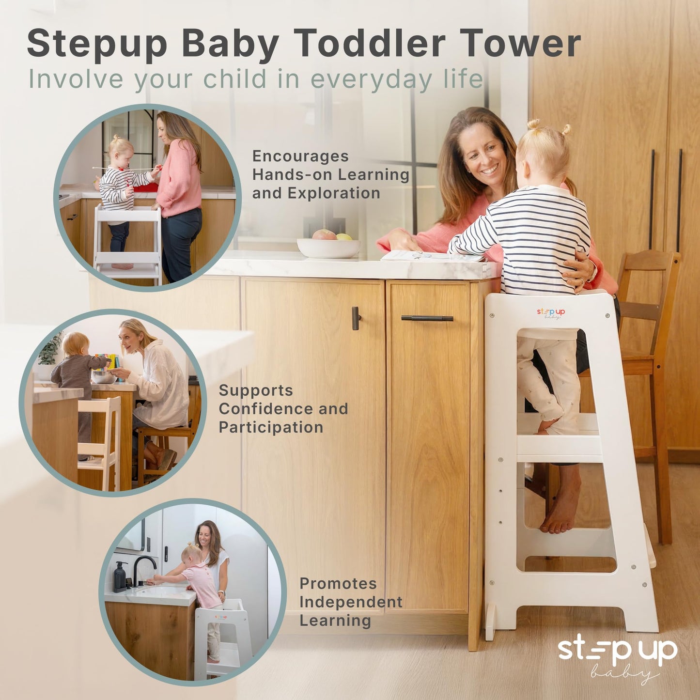 Stepup Baby Toddler Step Stool - Adjustable Height Kids Helper Step Stool, Durable, Non-Slip Platform for Bathroom Sink & Kitchen Counter, Toddler Tower for Exploration and Growth - White