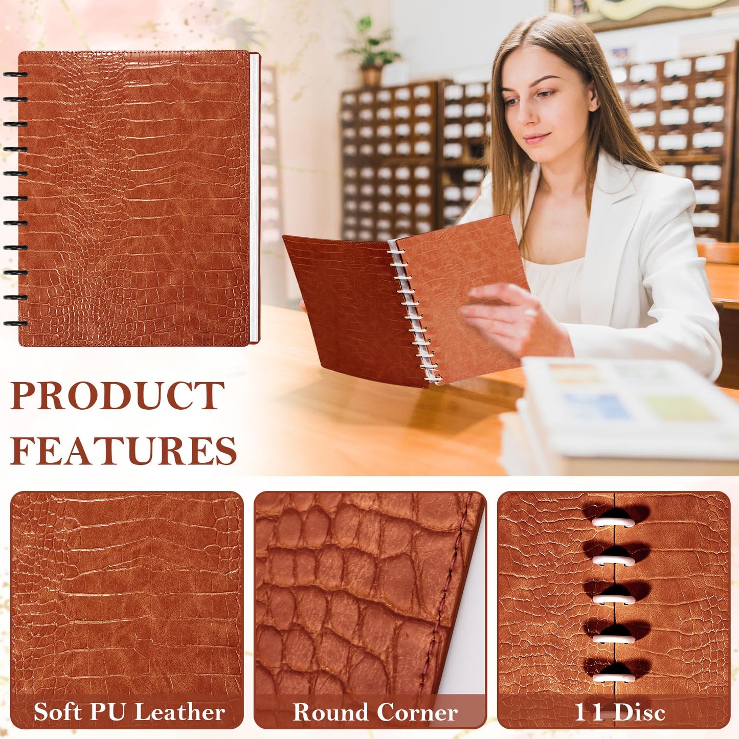 SKLENICE Pu Leather 8.5x11 In Discbound Notebook Cover And Disc Set Discbound Planner Cover With 11 Pcs Expansion Discs Disc Bound Notebook Accessories Letter Size For Office(Brown;No Inner Paper)