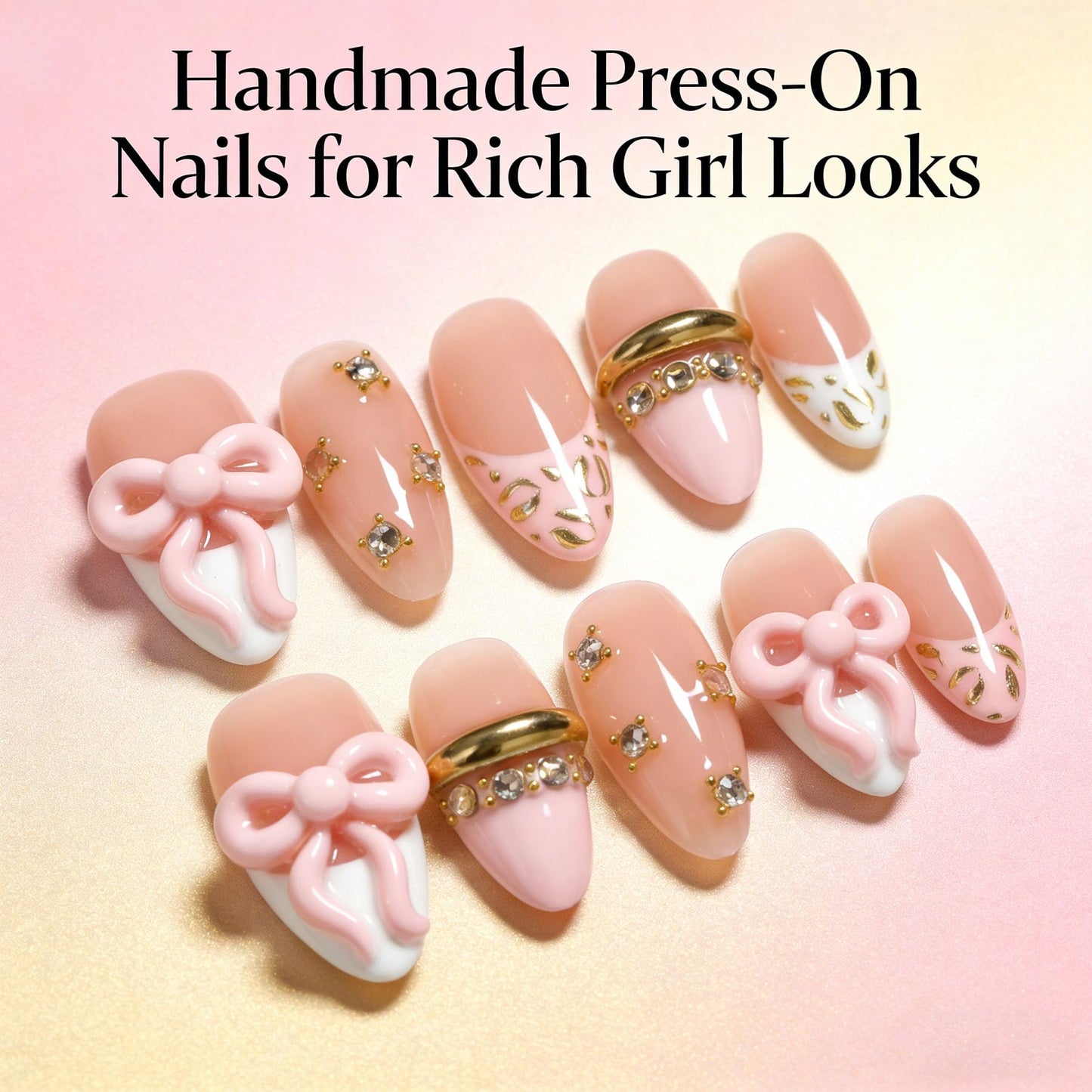 Handmade Press on Nails Almond Shape 3D Cute Glue on Nails for Women, Luxury Homemade Press on Nail Art Design, Fake Nails with 3D Nail Charms Size M 12