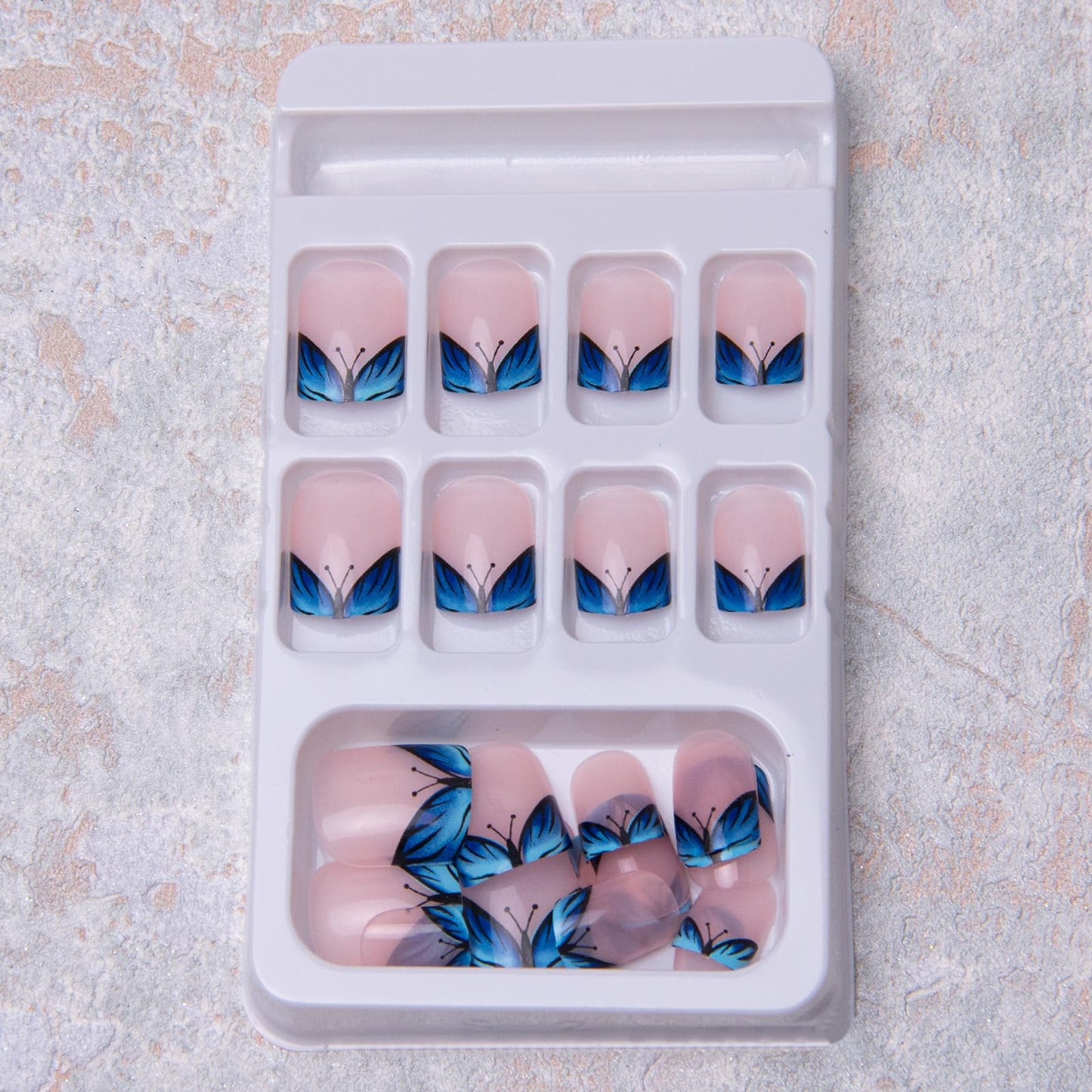 French Tip Press on Nails Short Square Fake Nails Blue Butterfly False Nails Spring Acrylic Nails Glossy Artificial Nails Press ons Glue on Nails for Women Girls Manicure Decoration 24Pcs