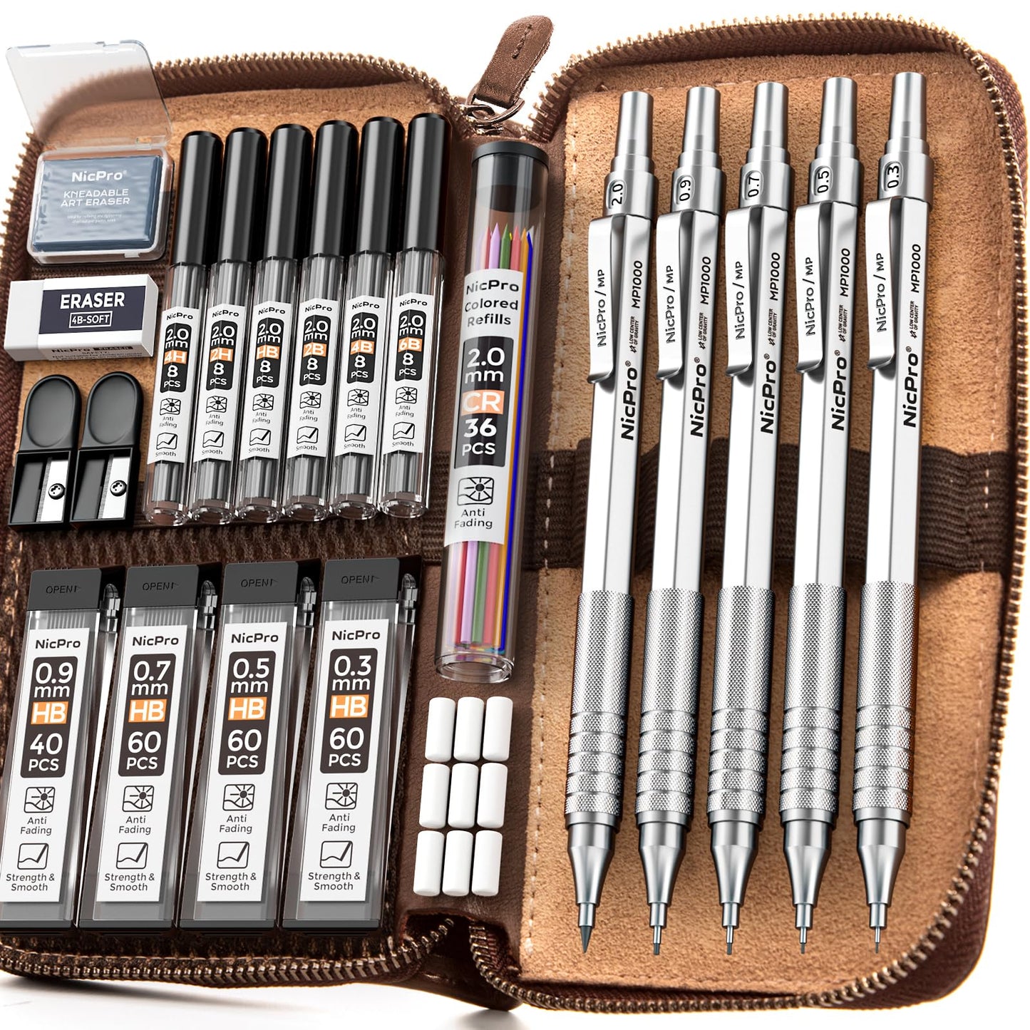 Nicpro 20PCS Metal Mechanical Pencil Set in Leather Case, Art Drafting Pencil 0.3, 0.5, 0.7, 0.9 mm & 2mm Lead Holders, 9 Tube (4B 2B HB 2H Colors) Lead Refills, Erasers For Sketching Drawing