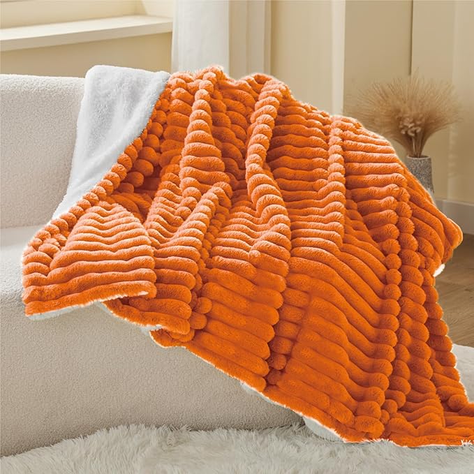 INFIIXSO Sherpa Throw Blanket for Couch - Super Soft & Warm Striped Fleece Blanket, Cozy Plush Fluffy Blanket All Season Use (Burnt Orange, 50x60 Inches)