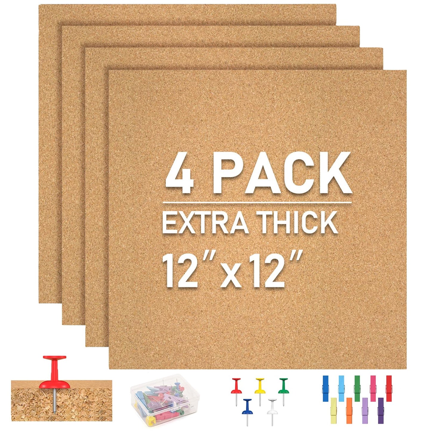 Cork Board Tiles - 4 Packs Adhesive Corkboards for Wall, Small Cork Board Squares Decorative for Office, School & Home