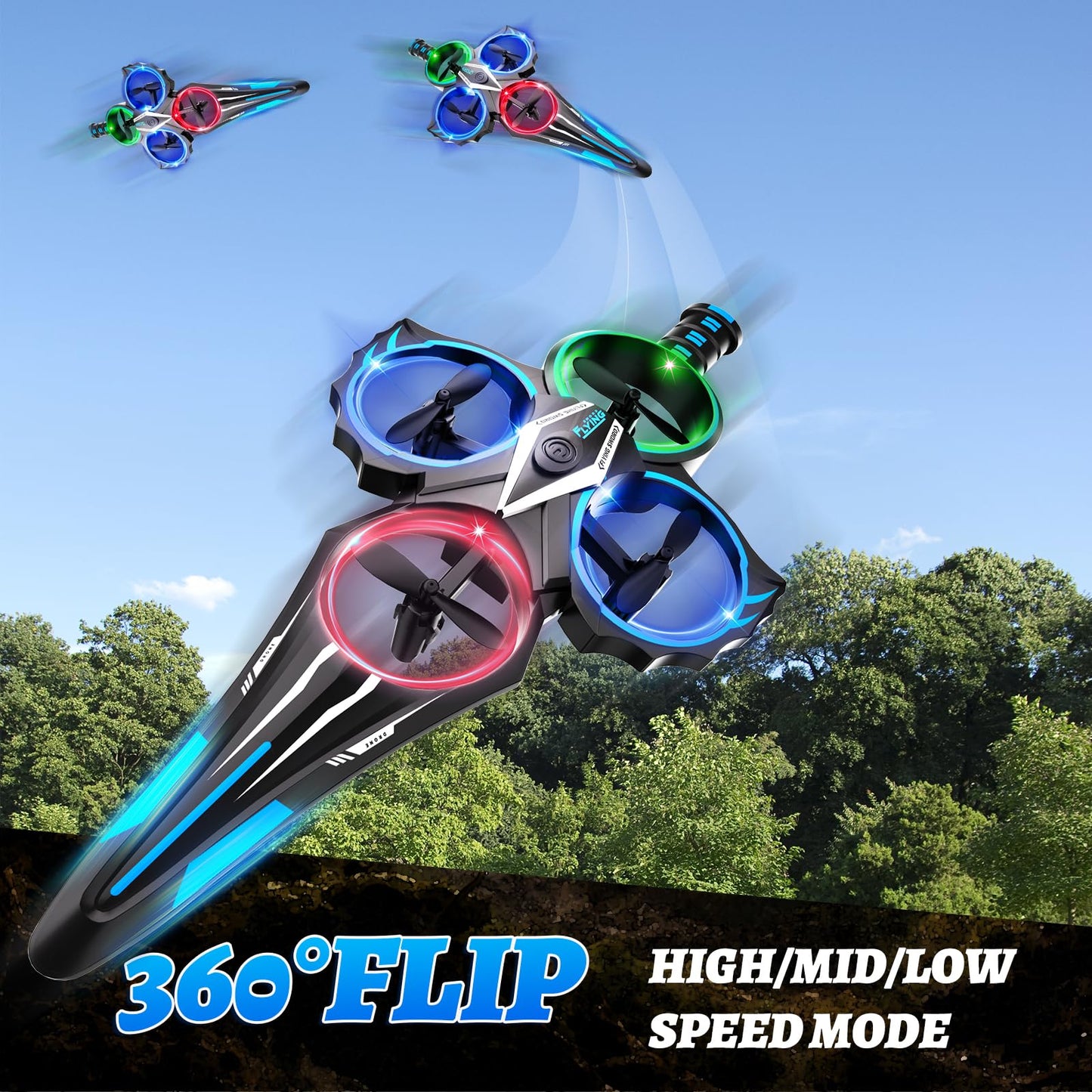 ENJOYFLY Gesture Control Flying Sword RC Plane Toy for Kids 8-12, Hand Controlled and Remote Control Airplane with LED Lights, 360 Flips, 3 Speeds, Easy Takeoff and Landing, 2 Batteries, Blue