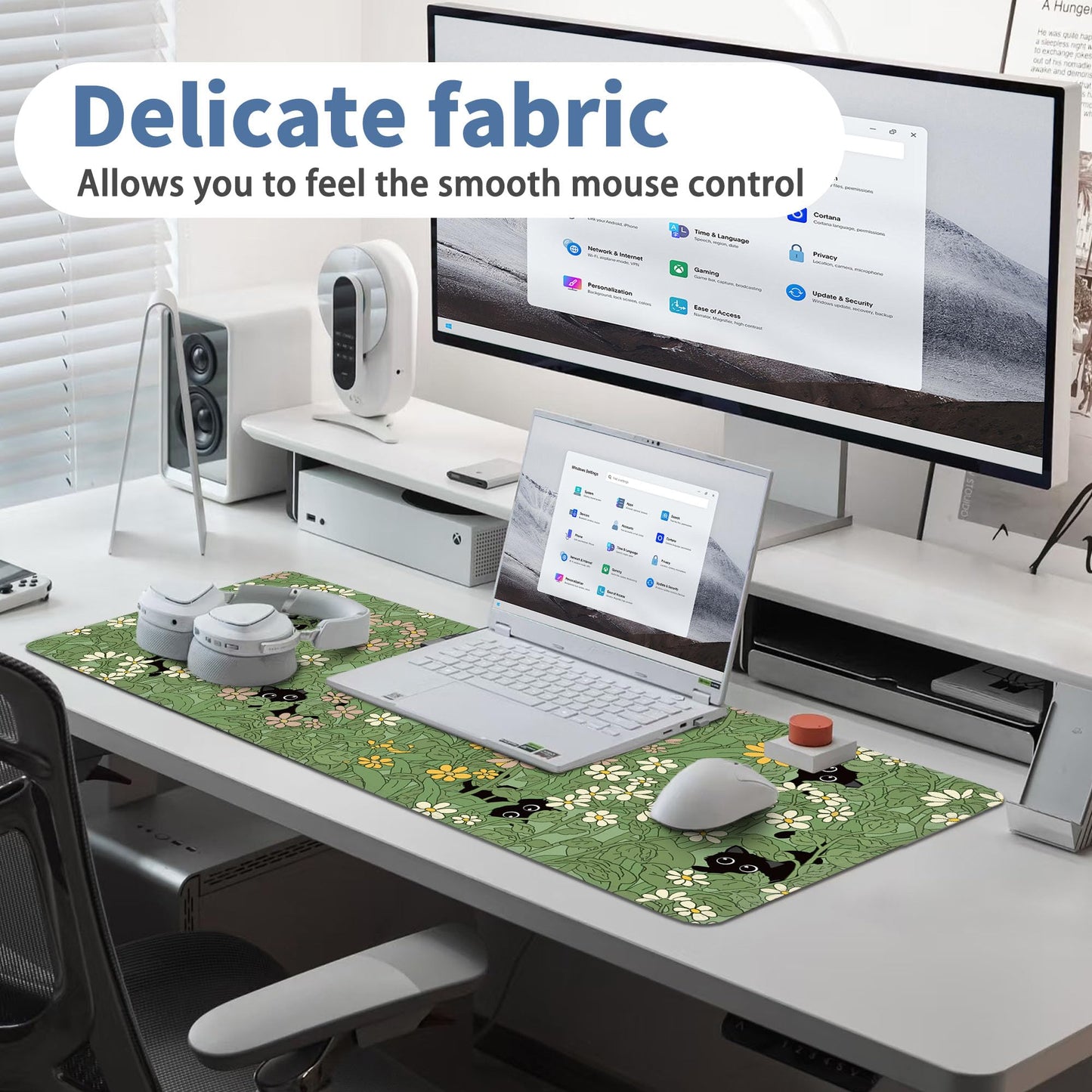 Cute Cat Mouse Pad Large Green Desk Mat Extended Keyboard Mouse Pad Kawaii Mousepad with Non-Slip Base and Stitched Edge Plant Mouse Mat Desk Pad 31.5 x 11.8 in Mouse Pads for Decor Home Office Gaming