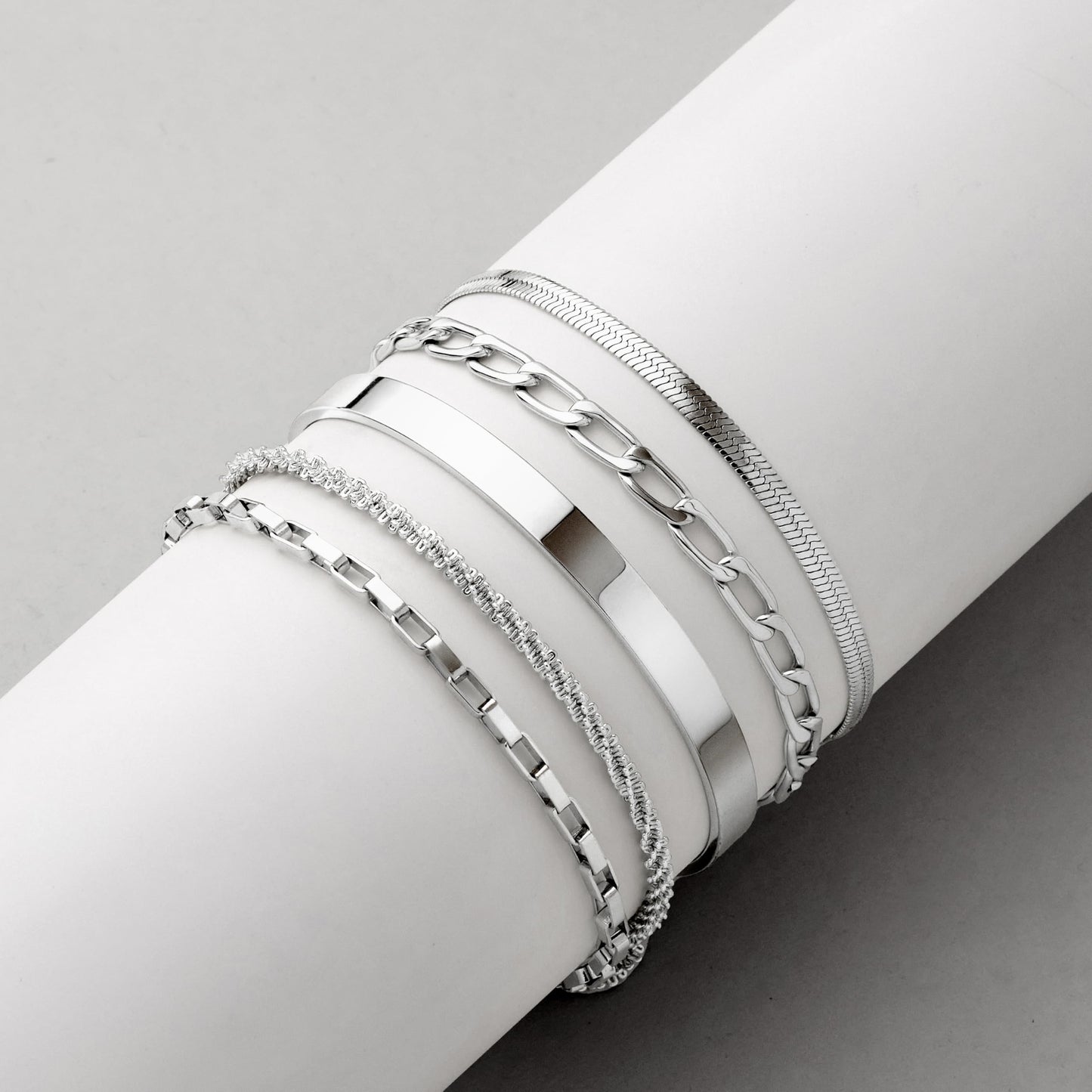 Silver Bracelets Stack for Women Waterproof, Stackable Bracelet Set with Silver Bangle Cuff, Box Link, Paperclip, Herringbone, Sparkling Chain, Adjustable Non Tarnish Jewelry Gifts for Women