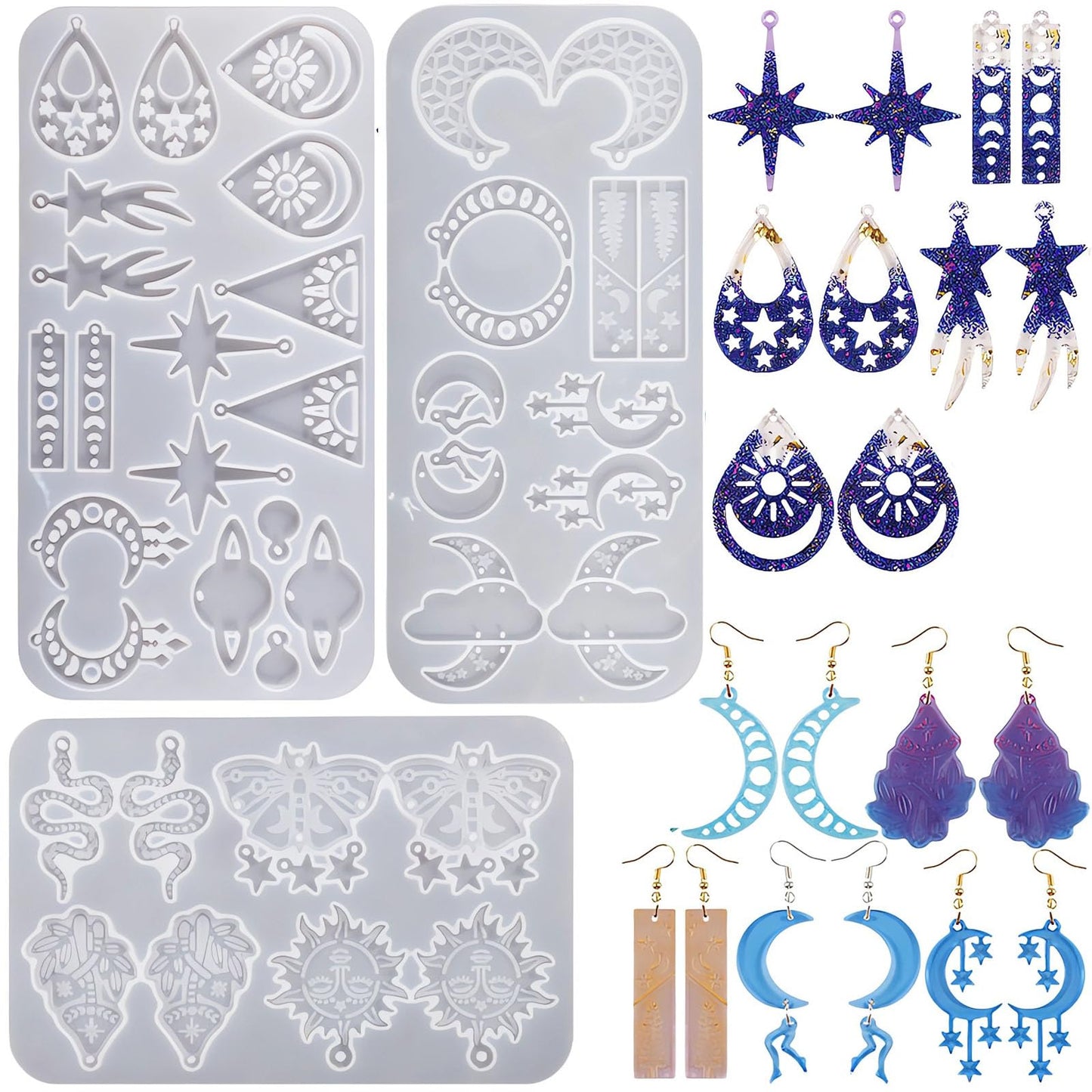 Szecl 3Pcs Moon Star Earring Silicone Mold with Hole 36 Cavities Astral Butterfly Snake Astronomy Cloud Sun Shape Resin Casting Mold Keychain Necklace Pendant Handmade DIY Craft Jewelry Making Tool
