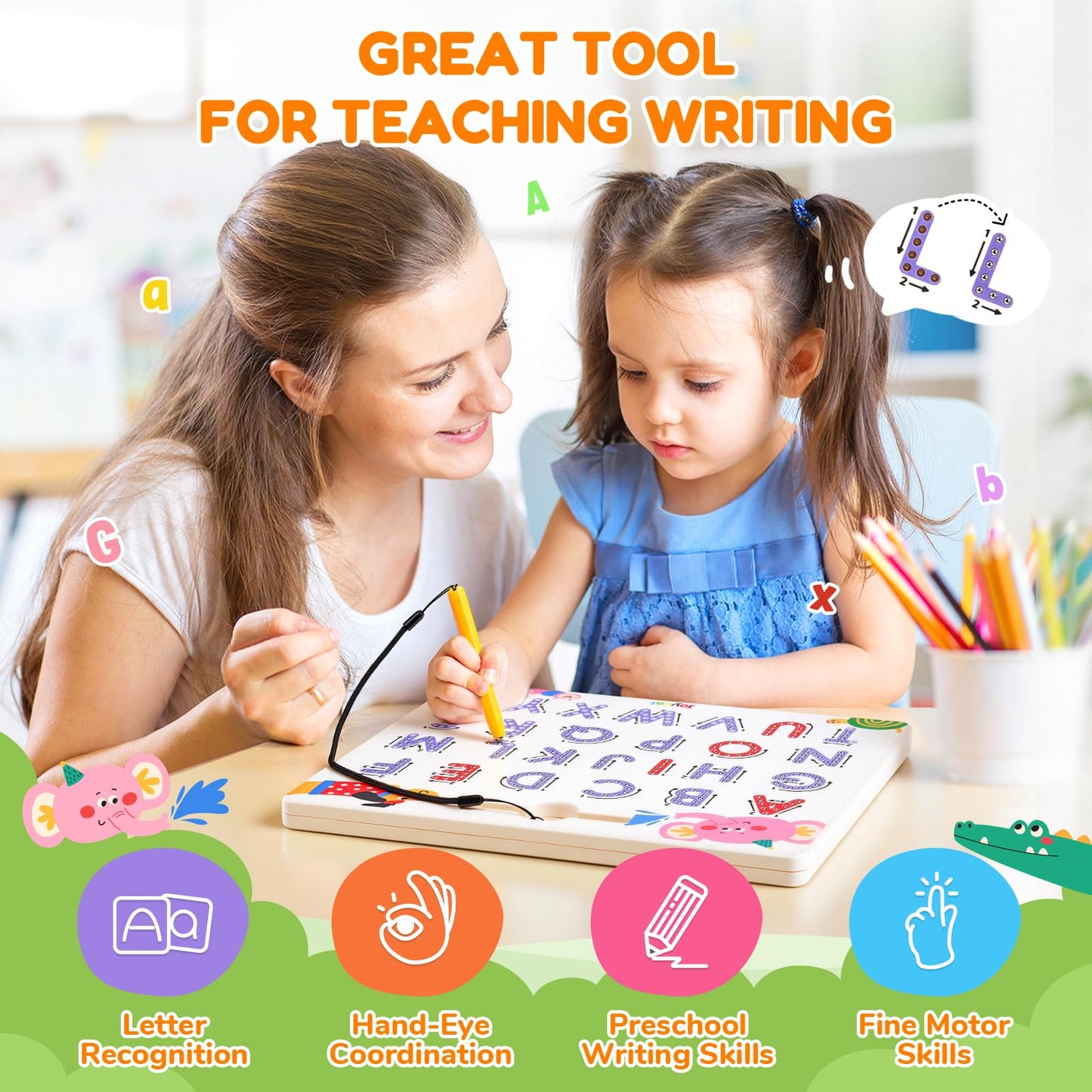 JoyCat Magnetic Animal Letter Tracing Board, Double-Sided ABC Magnets for Toddlers, Uppercase & Lowercase Letter Writing Practice - Preschool Learning Toys, Road Trip Car Activities for Kids Ages 3-5