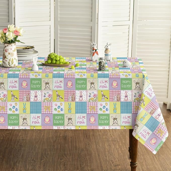 Horaldaily Easter Tablecloth 60×60 Inch Square, Plaid Bunny Rabbits Easter Egg Anemone Bowknot Colorful Washable Seasonal Table Cover for Party Picnic Dinner Decor