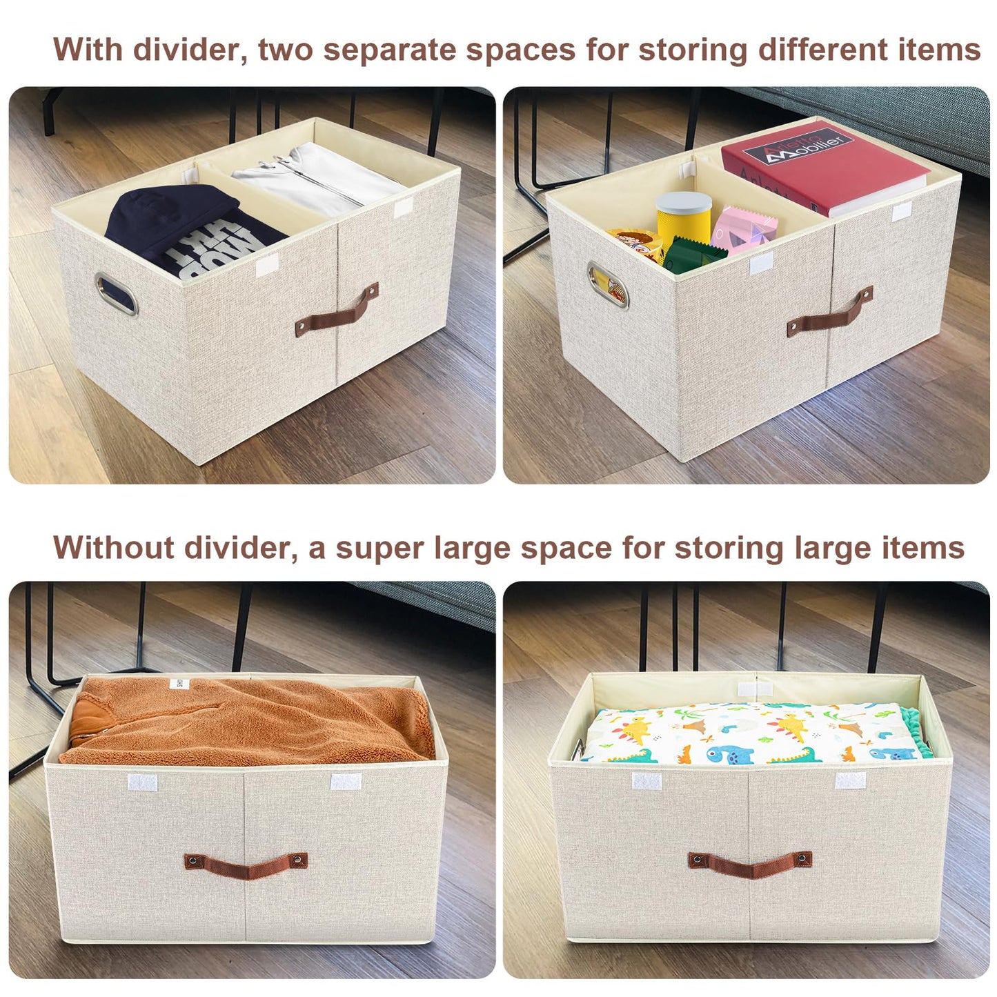 TYEERS Extra Large Collapsible Storage Bins with Lids and Compartments, Washable, Fabric Storage Boxes, 21.7x13x11.8 inches, 1 Pack, Beige