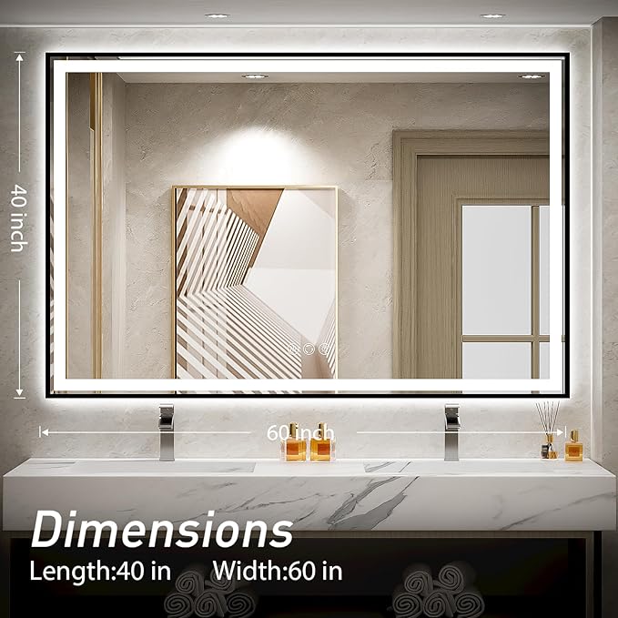 60x40 Inch LED Bathroom Mirror with Lights, Frontlit & Backlit Black Metal Frame Mirror,Double Lights Strips,Anti Fog Dimmable & 3 Colors Temperature