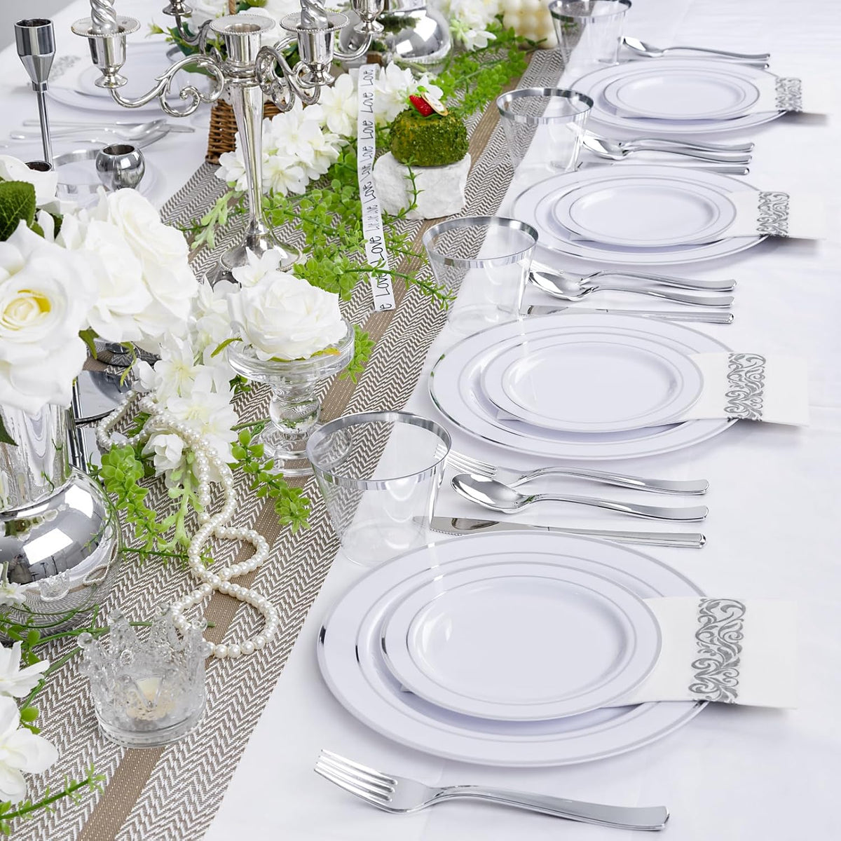 WELLIFE 700 Pieces Silver Plastic Dinnerware Set for 100 Guests - Includes Plates, Cups, Napkins, and Disposable Cutlery - Elegant White & Silver Design, Perfect for Parties and Events