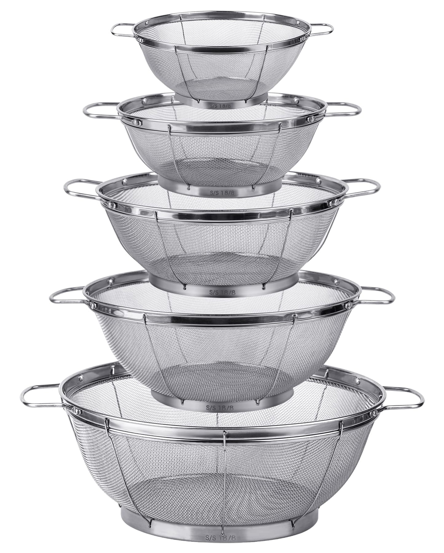 5 Pack 18/8 Stainless Steel Colander Sieves, Multi Size Mesh Strainer Net Baskets with Handles & Resting Base for Strain, Drain, Rinse or Steam