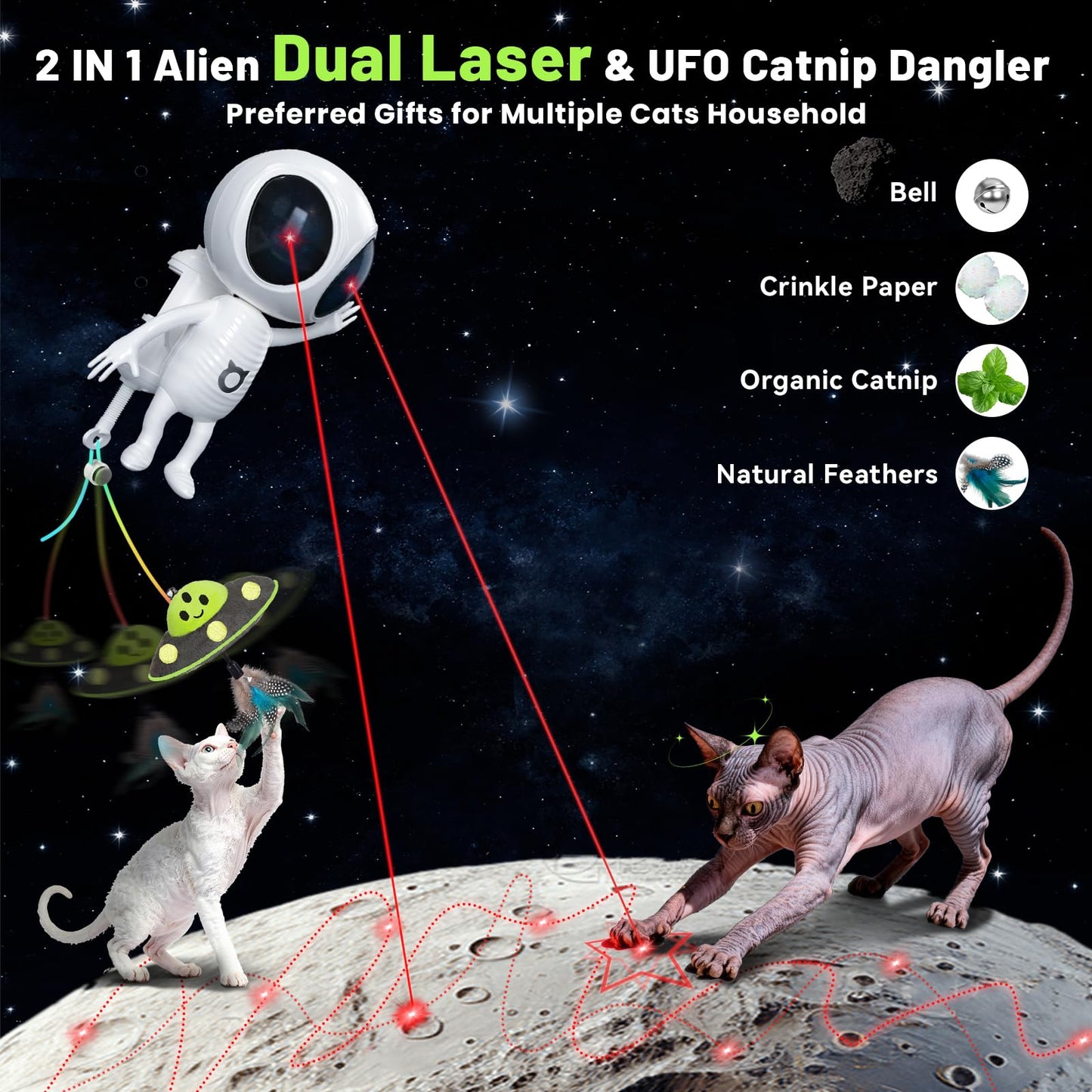 ORSDA Laser Cat Toys for Indoor Cats, 2 in 1 Interactive Automatic Dual Laser & Catnip UFO Dangler for Kitten Toys, Truly Random Trajectory Radar Motion-Activated, Rechargeable 4 Modes, Clamp Design