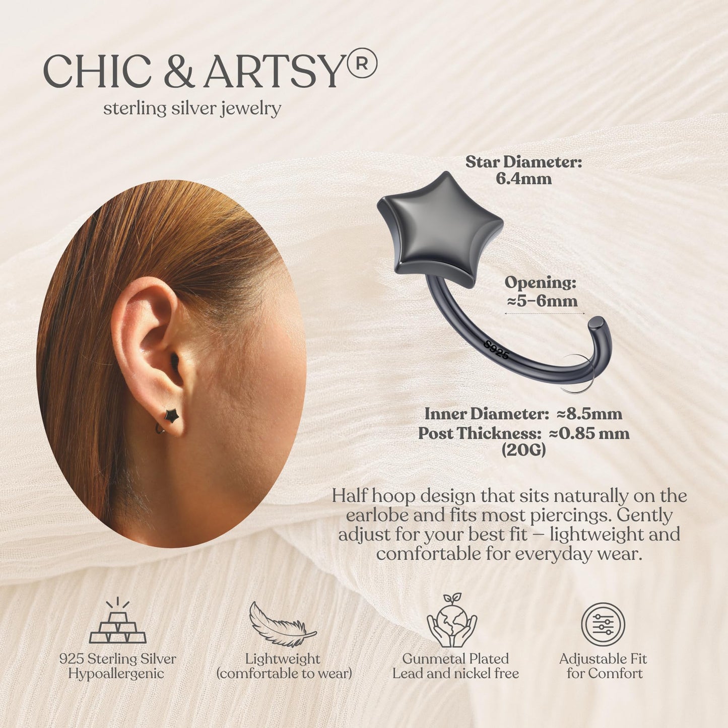 CHIC & ARTSY Backless Earrings for Women 925 Sterling Silver Half Huggie Hoop Earrings Ardant Stay Close Hoops Black Star No Back Earrings
