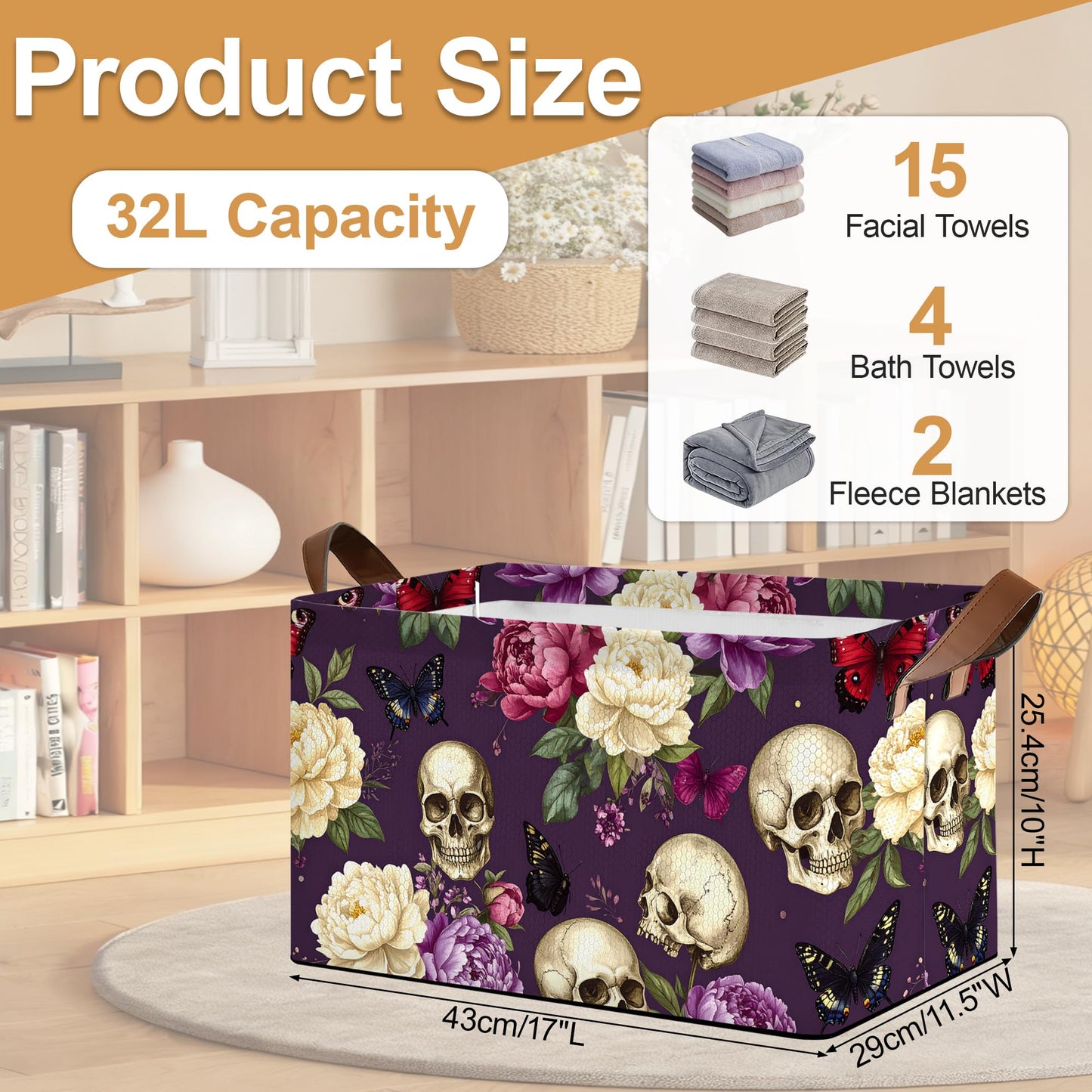 Oeaskly Storage Bins with Handles, Oxford Cloth Storage Basket with Sturdy Frame, Purple Flower Skeleton Collapsible Organizer for Closet, Shelf, Clothes, Towels, Home Storage