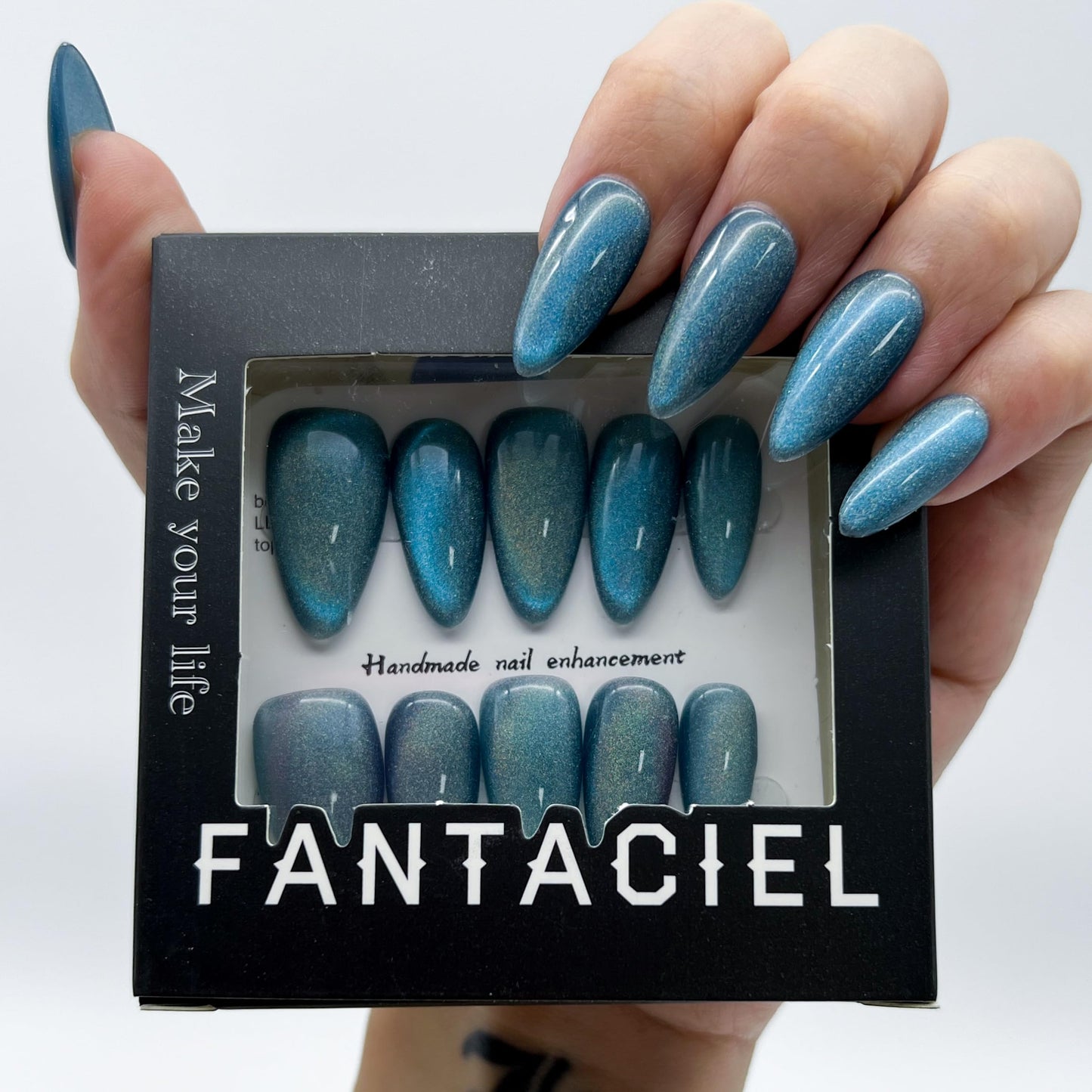 FANTACIEL 10 PCS Handemade Press On Nails Cat Eye Design Acrylic Nails Reusable Almond Fake Nails Rainbow 3 Almond L