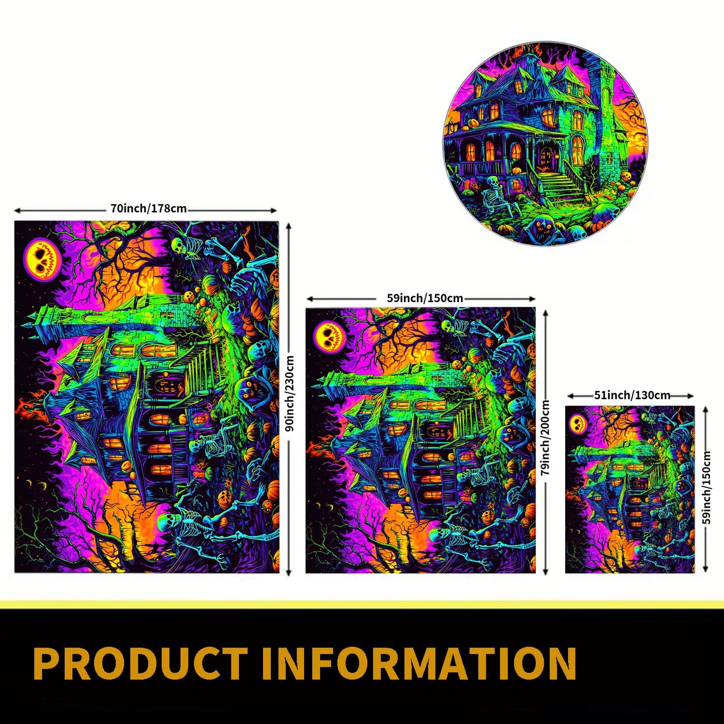 BSFHH Black Light Tapestry – UV Reactive Glow in the Dark Wall Hanging, Spooky Night Scene with Ghosts & Pumpkins, Haunting Home Decor for Parties, Bedroom, or Dorm (Ghost House, 90L x 70W, Unframed)