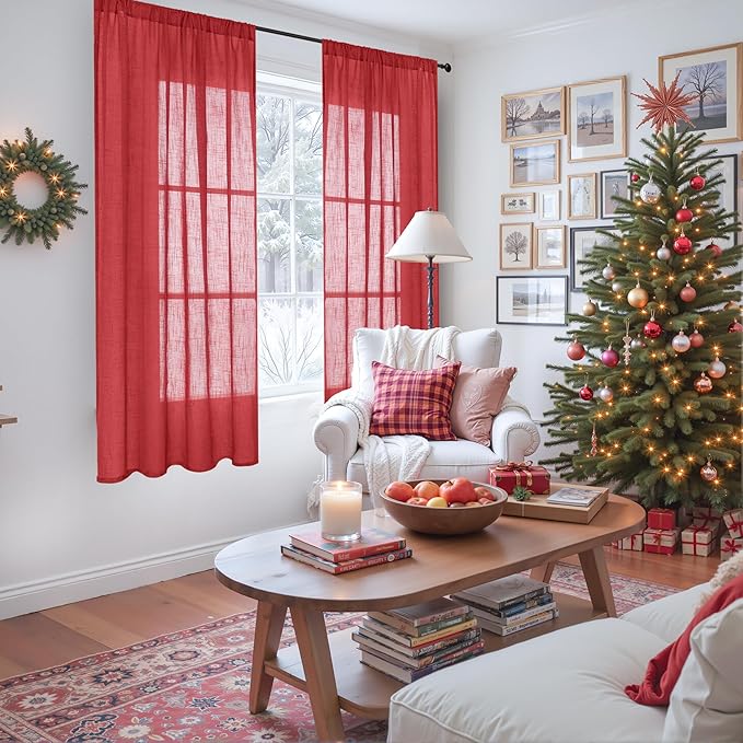 BGment Red Linen Curtains 63 Inches Long for Living Room, Semi Sheer Window Drapes Lightweight Rustic Country Textured Rod Pocket for Dining Bedroom, 2 Panels Set, Each 42 Inch Wide