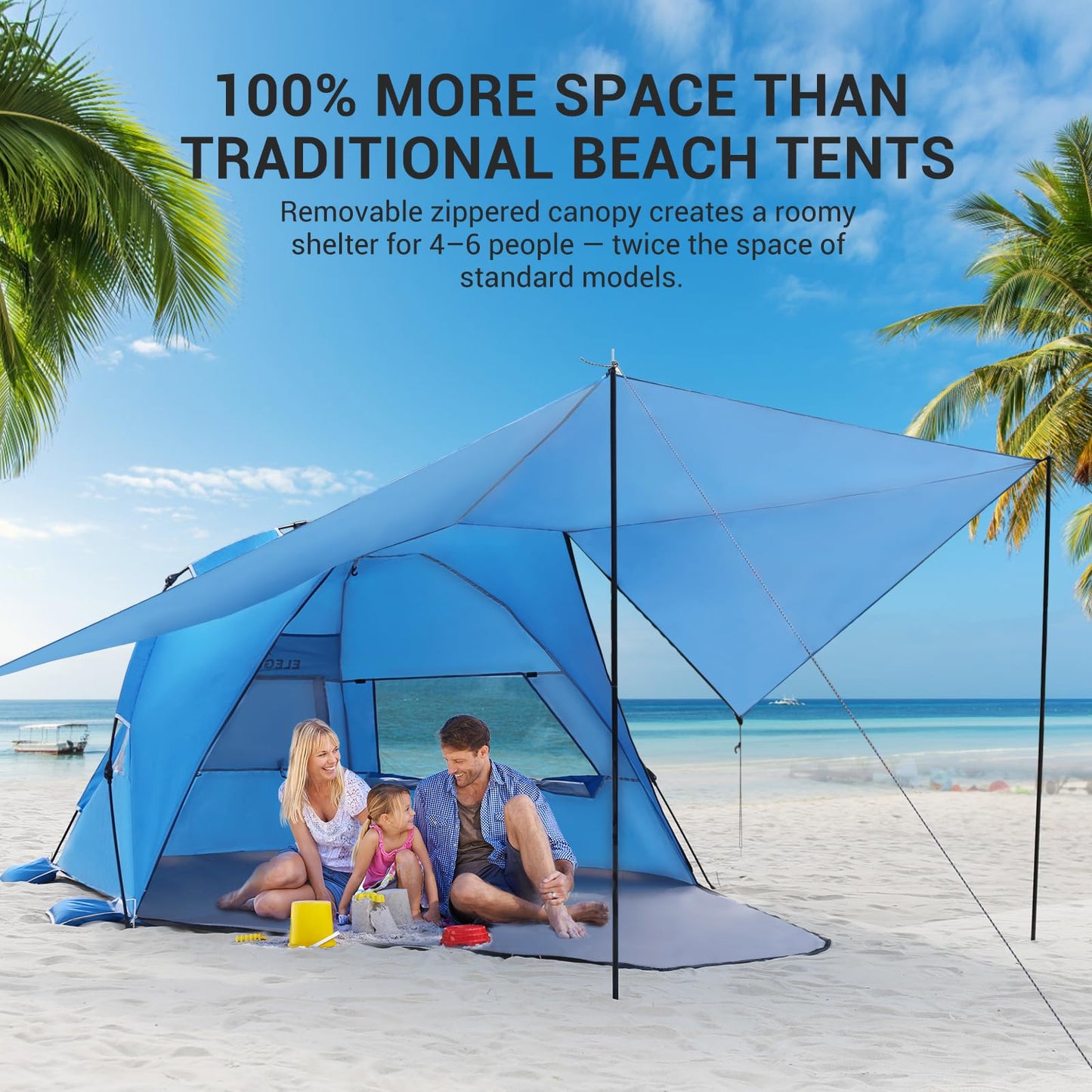 Elegear CumbreX™ Beach Tent with 360° Removable Canopy, 4-6 Person Pop Up Sun Shade Shelter, UPF 50+ Automated Installation Double Silver Coating Portable Lightweight Beach Cabana for Beach/Outdoor