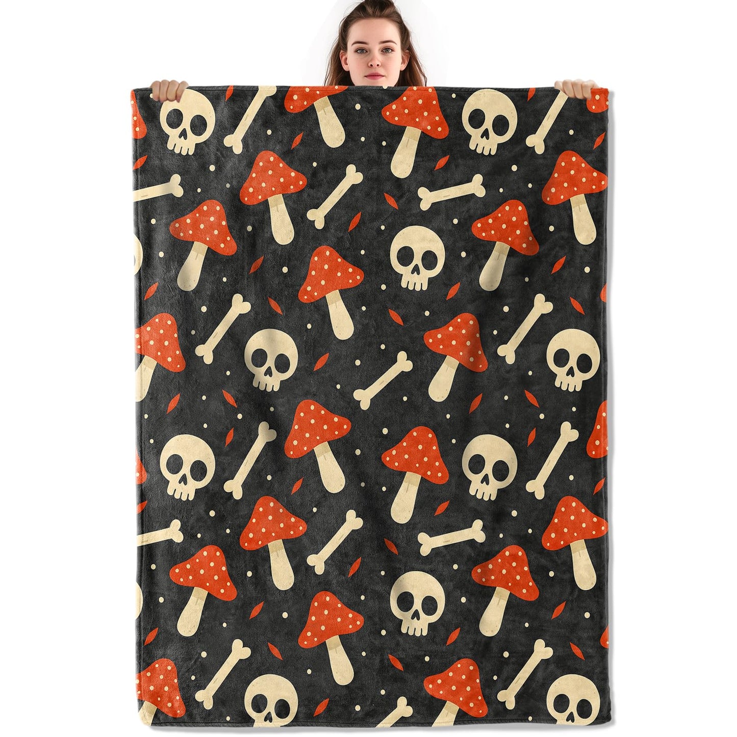 Spooky Mushroom Skull Throw Blanket, Lightweight Warm Flannel Blankets, Home Decor and Gifts, Soft Cozy Throws for Women Men, 50"X60" for Bed Couch Travel Office
