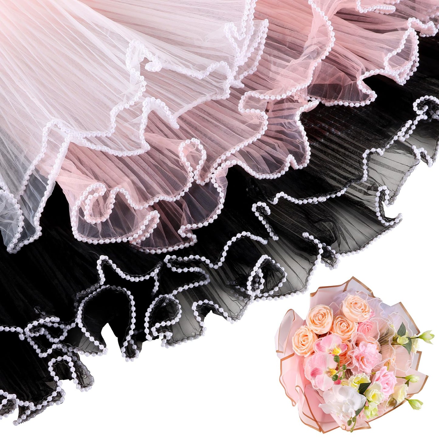 IWOLOMI 6 Pack Flower Wrapping Mesh Paper, 26.2 Yard Pearl Edge Bouquet Wrapping Packaging Mesh Paper Wrinkled Translucent for Florist Supplies Mothers Day Wedding Gift Packaging (Pink White Black)