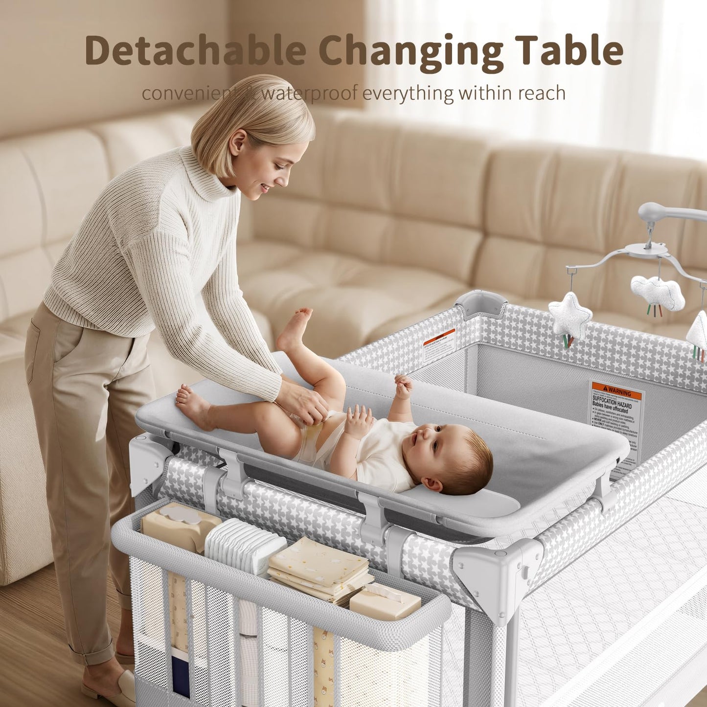 GAIVE 4 in 1 Baby Bassinet, One-Push Setup Pack and Play, Bedside Crib Sleeper with 3 Height Adjustable，Diaper Changer, Come with Comfy Mattress, Rotating Toy Bar, from Infants to Toddlers (Grey)