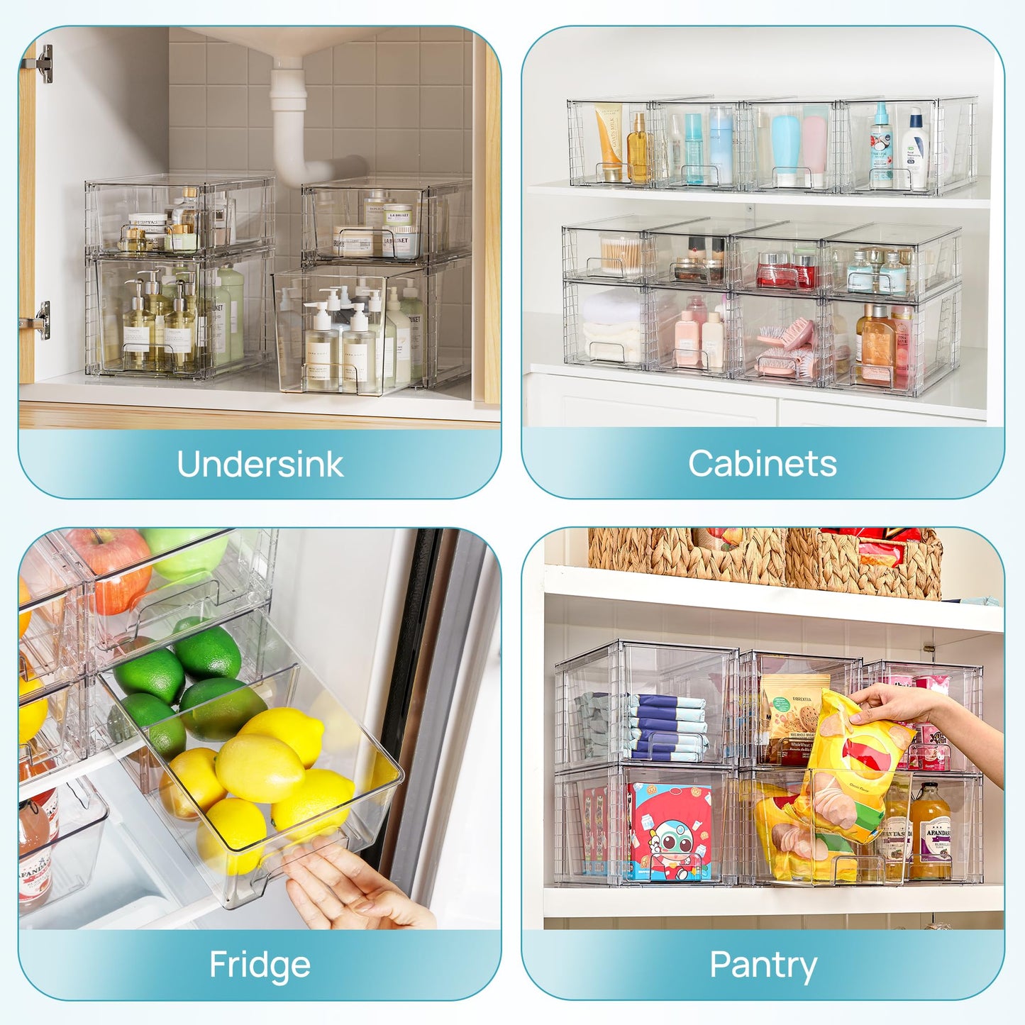 Vtopmart 4 Pack Clear Stackable Storage Drawers,Under Sink and Kitchen Organizers Storage,Easy to Assemble Plastic Drawers for Baby Bottle,Medicine, Bathroom,Cabinet and Pantry Organization